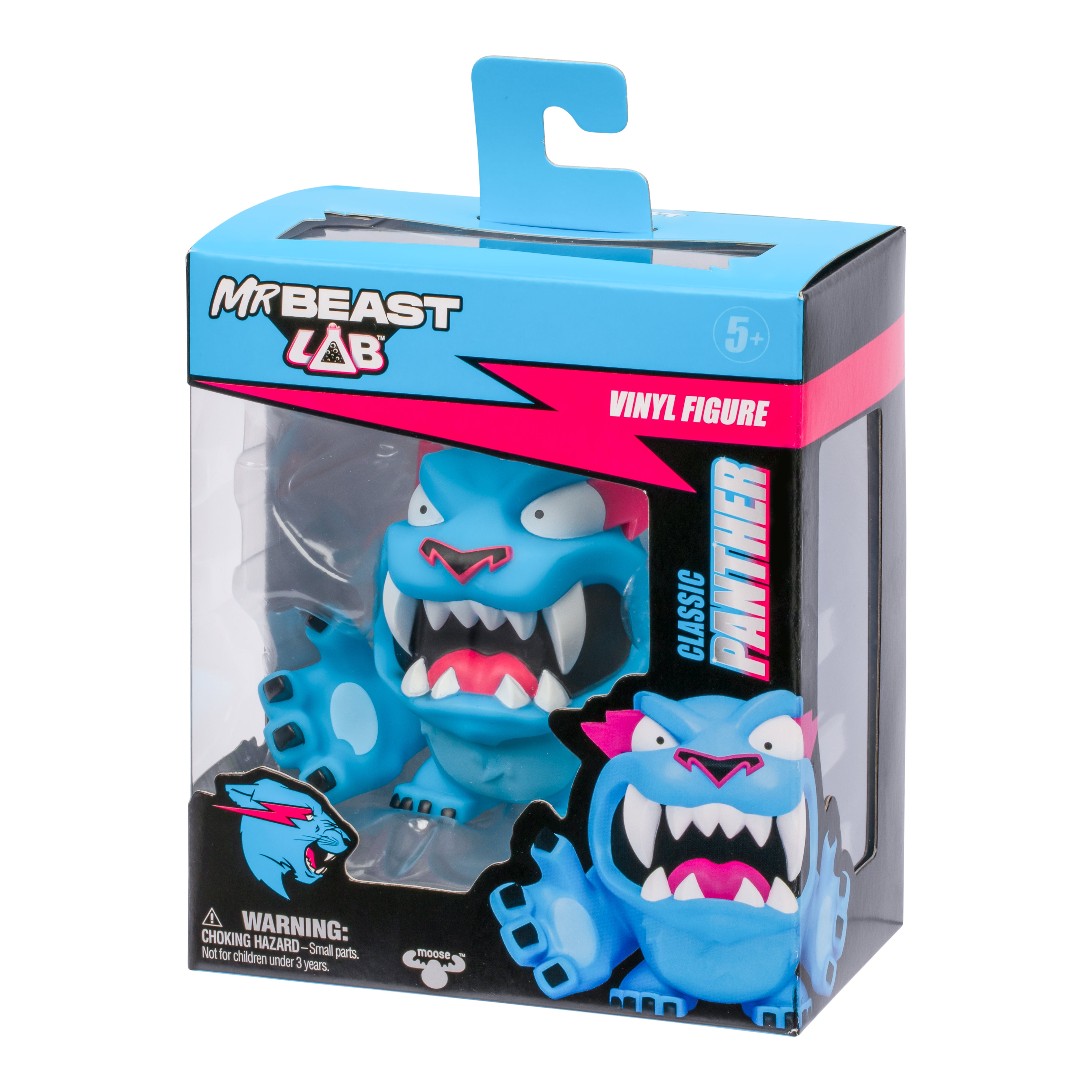 A blue Classic Panther figure from MrBeast Lab Vinyl Figures, with sharp teeth and claws, comes in a clear-front box labeled MrBeast Lab featuring cartoon graphics and a small parts warning.