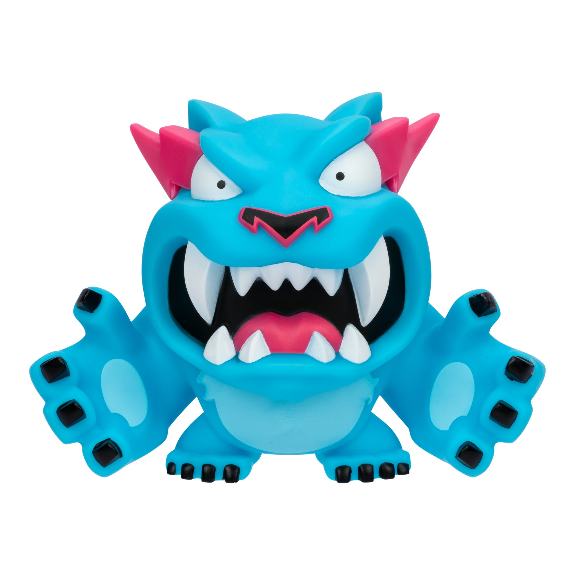 The MrBeast Lab Vinyl Figure is a blue cartoon monster with wide eyes, large white fangs, pink spikes on its head, black claws, and an open mouth, arms raised in a playful pose.
