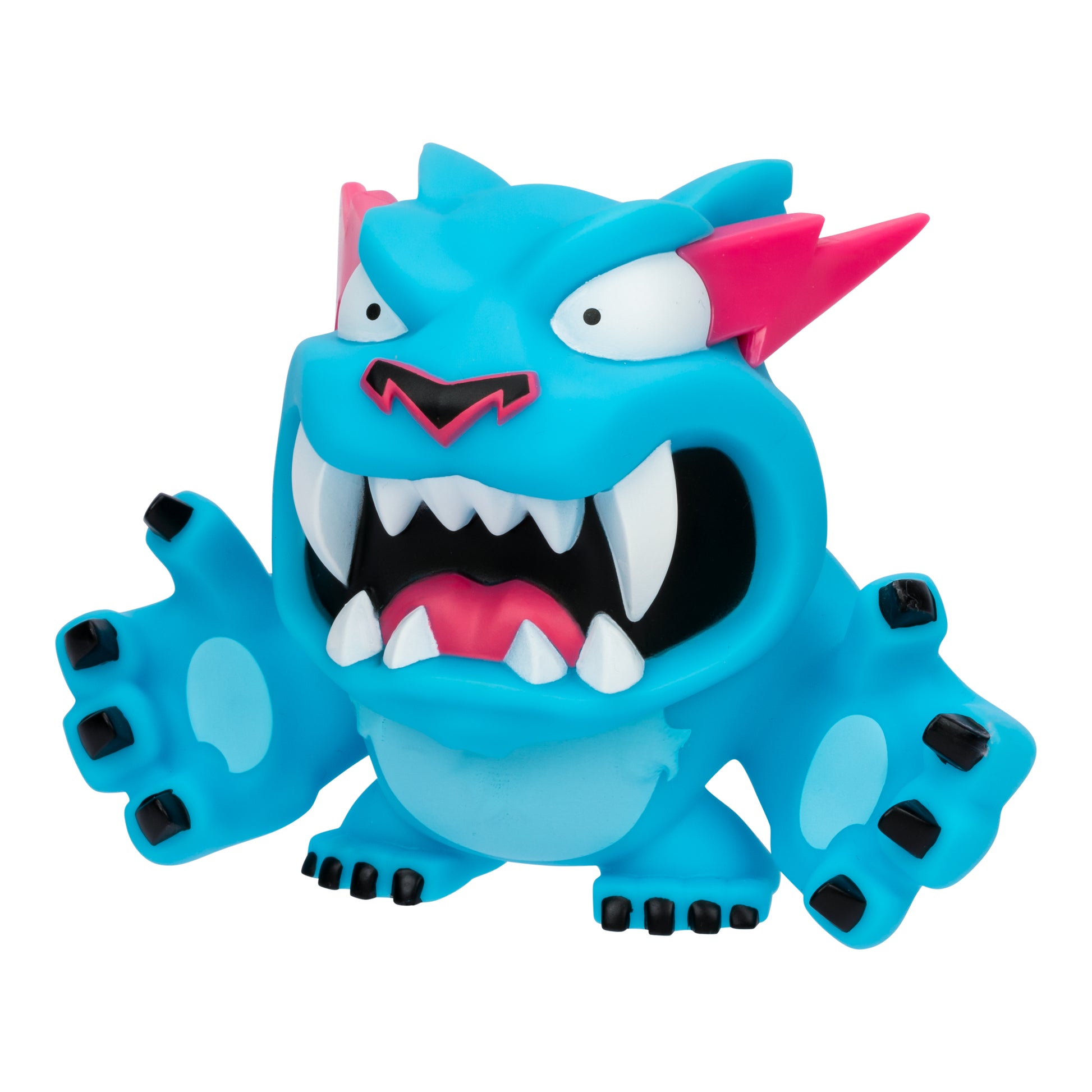 A blue MrBeast Lab Vinyl Figure featuring a cartoonish monster with large fangs, pink ears and eyebrows, wide eyes, sharp black claws, and an open mouth showing white teeth and a pink tongue.