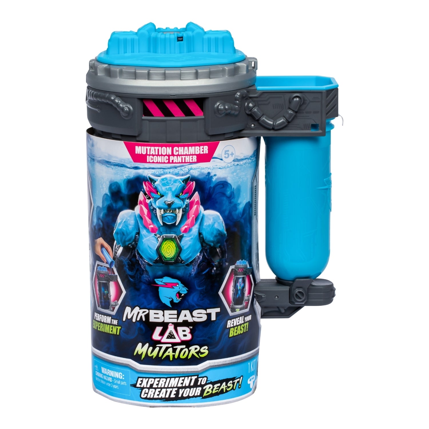 Toy mutation chamber with blue and gray design, featuring MrBeast branding on a white background.