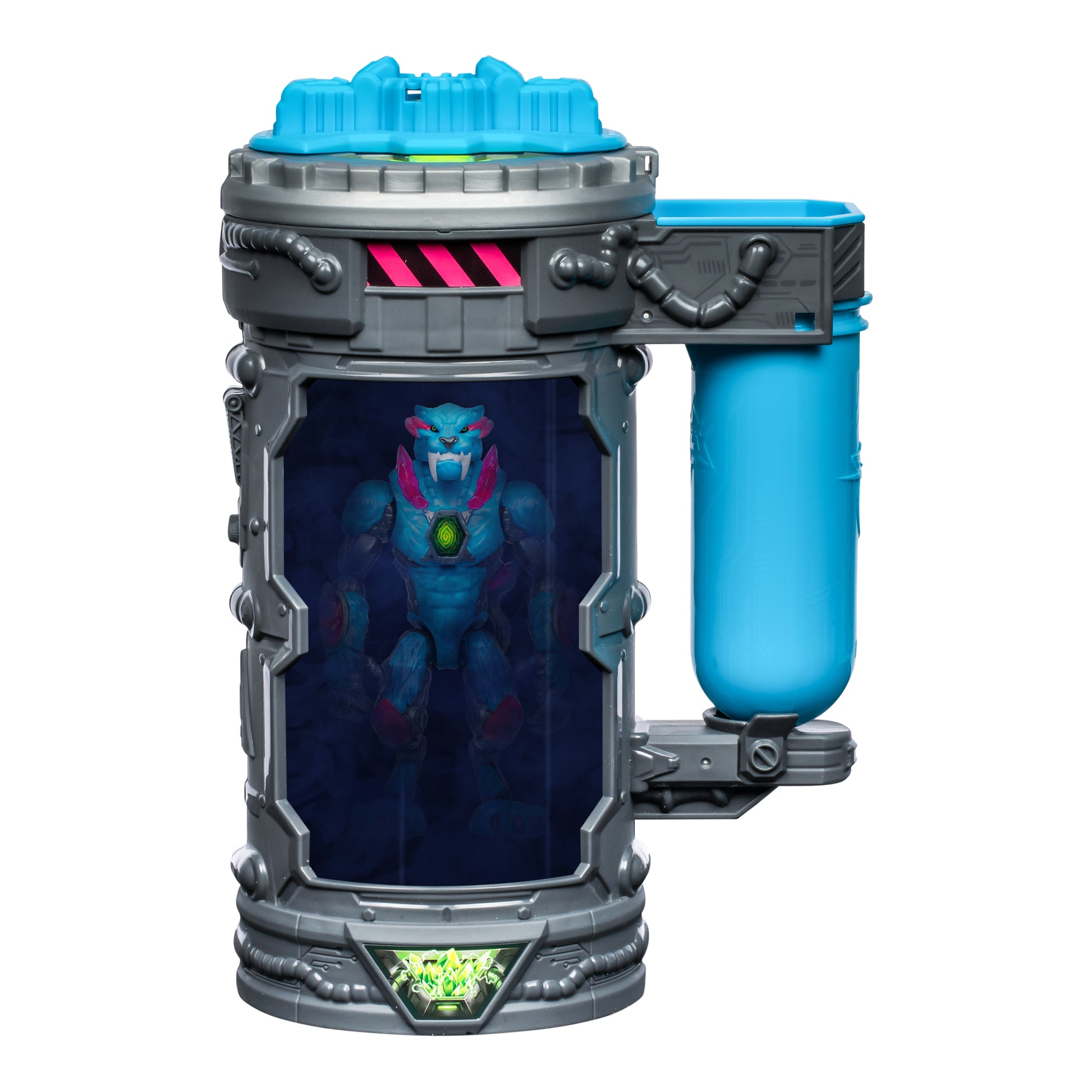Toy device with a blue and gray color scheme featuring a digital display of a robot character.