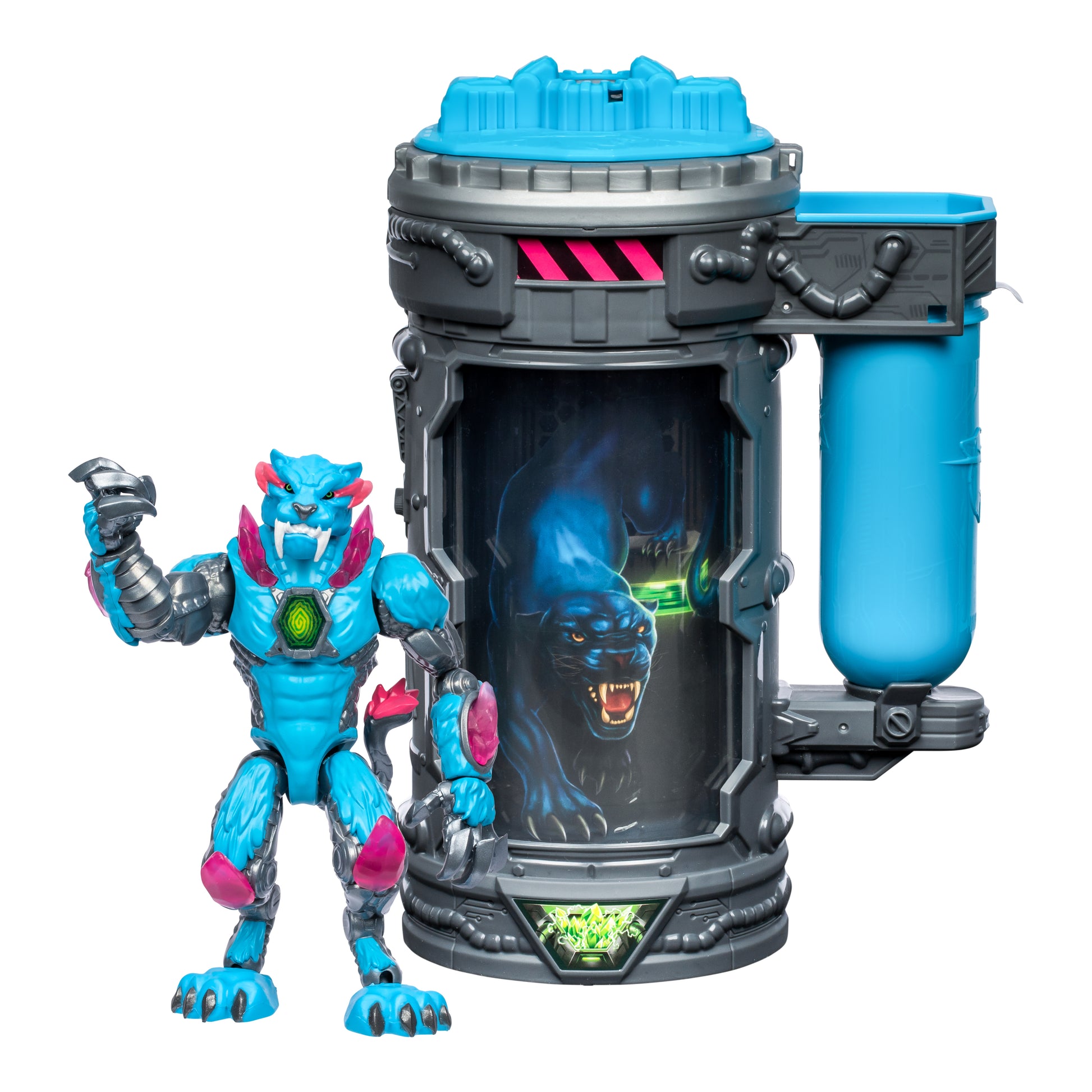Toy figure with a blue and gray vehicle on a white background