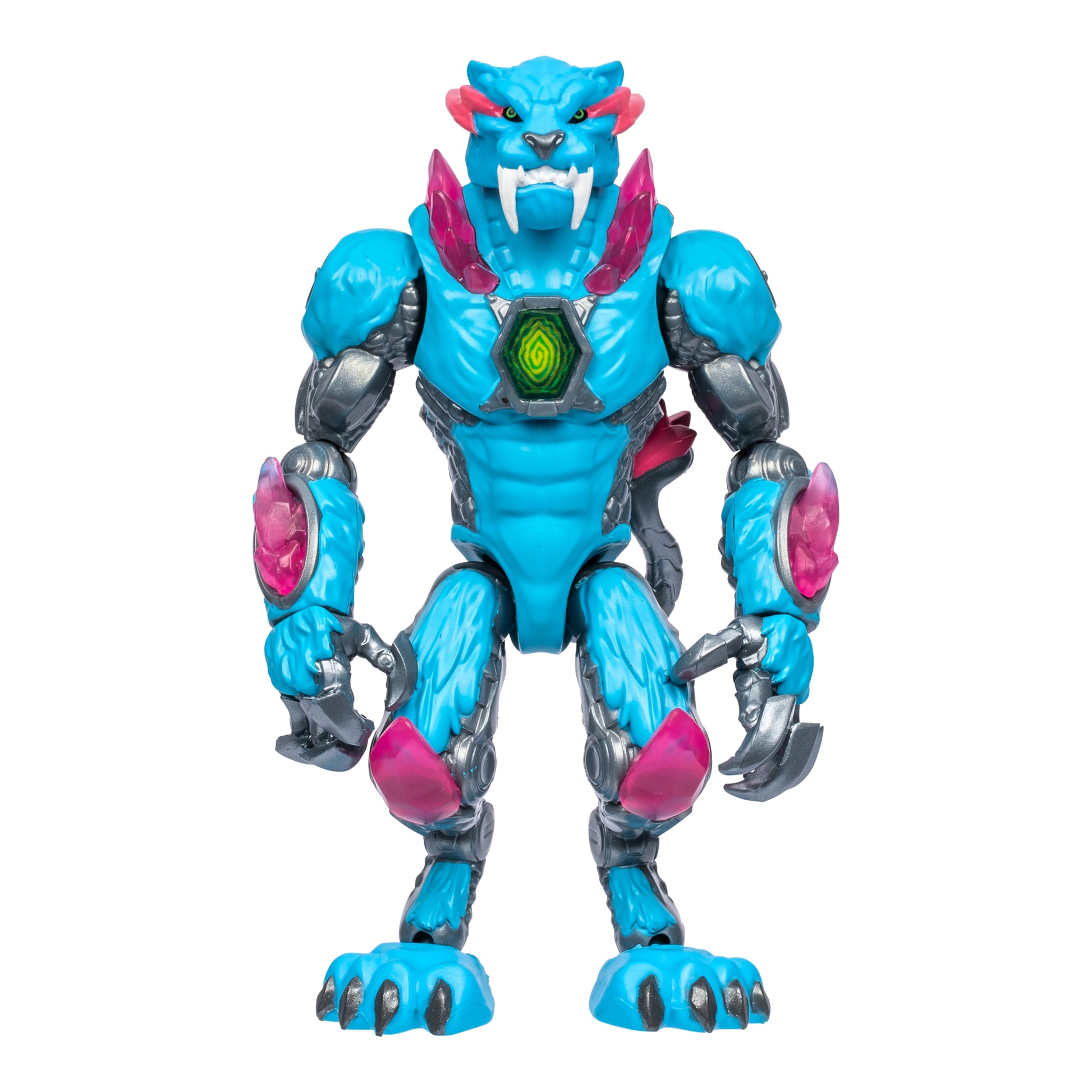 Toy figure with blue, pink, and silver colors on a white background