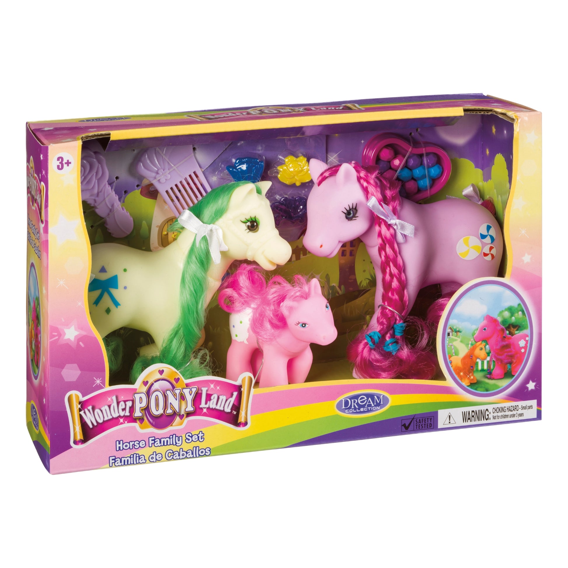 The Toysmith Horse Family Set by Toysmith features three colorful plastic ponies with accessories and decorations, all in a boxed set suitable for children ages 3 and up.