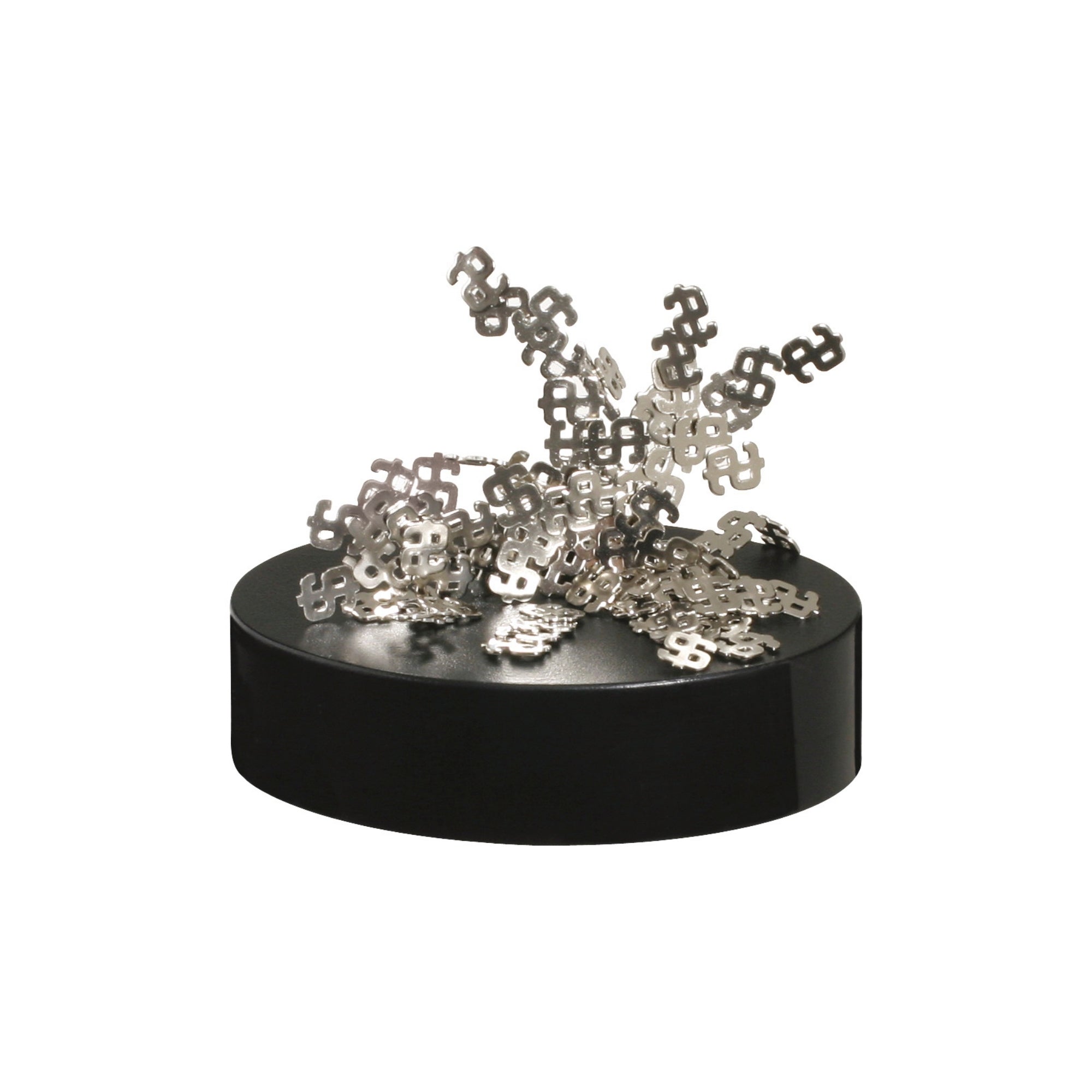 The Project Blueprint Magnetic Sculpture features small silver plus-shaped metal pieces forming an abstract arrangement on a glossy black oval base—a unique celestial-themed desk accessory.