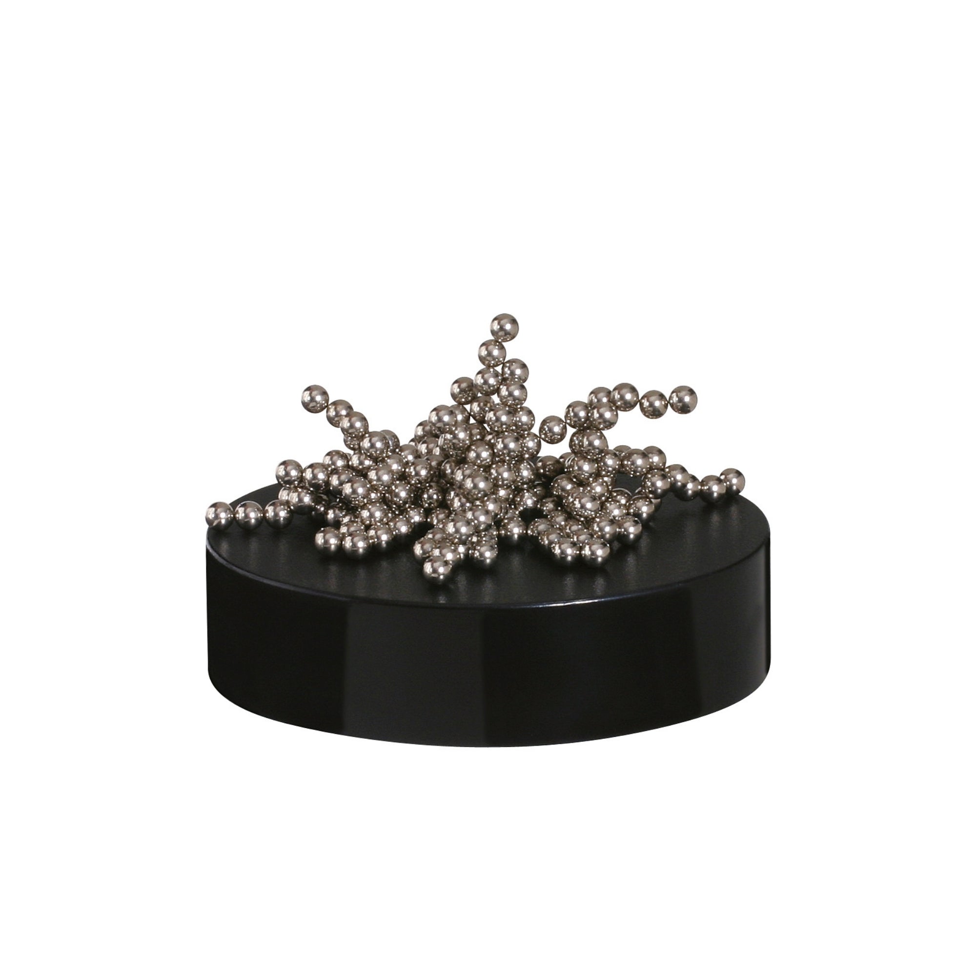 The Project Blueprint Magnetic Sculpture features a cluster of small metallic spheres arranged in an abstract form, displayed on a smooth black oval base against a white background.