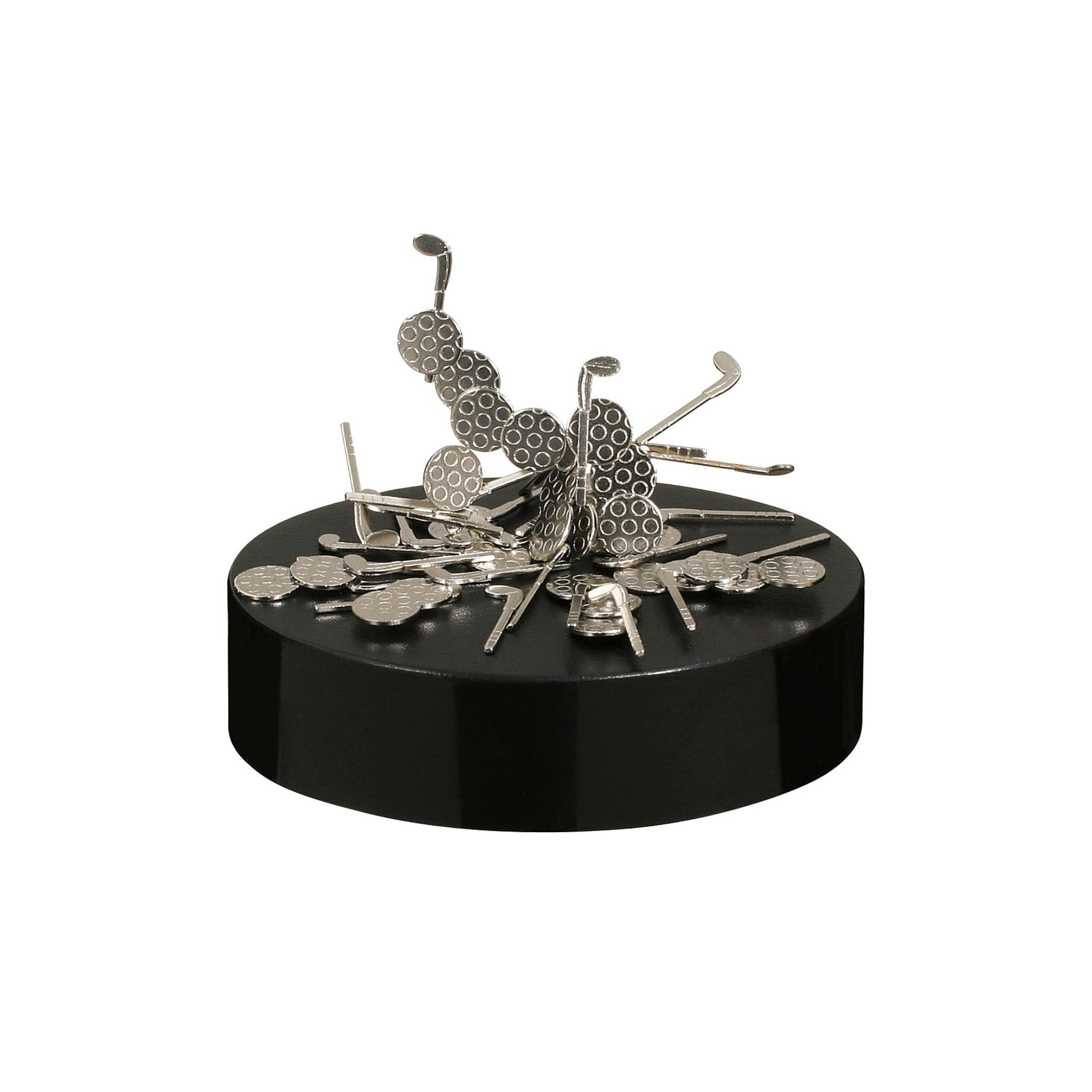 The Project Blueprint Magnetic Sculpture features silver hexagonal magnets and metal sticks clustered on a round black base, creating a striking and unique desk accessory against a white background.