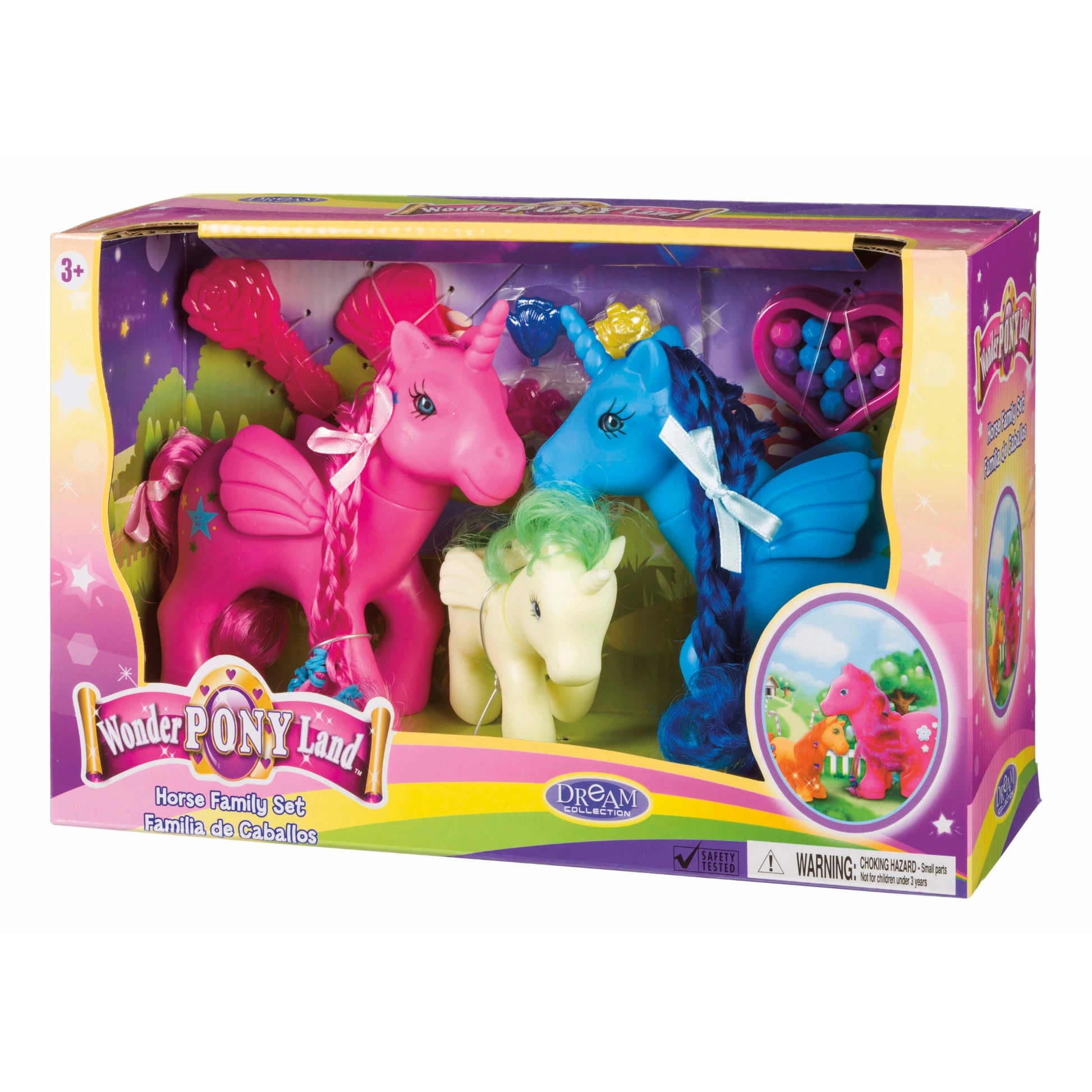 The Toysmith Horse Family Set by Toysmith includes pink, blue, and white winged toy ponies with accessories such as combs and heart-shaped beads, suitable for children ages 3 and up.