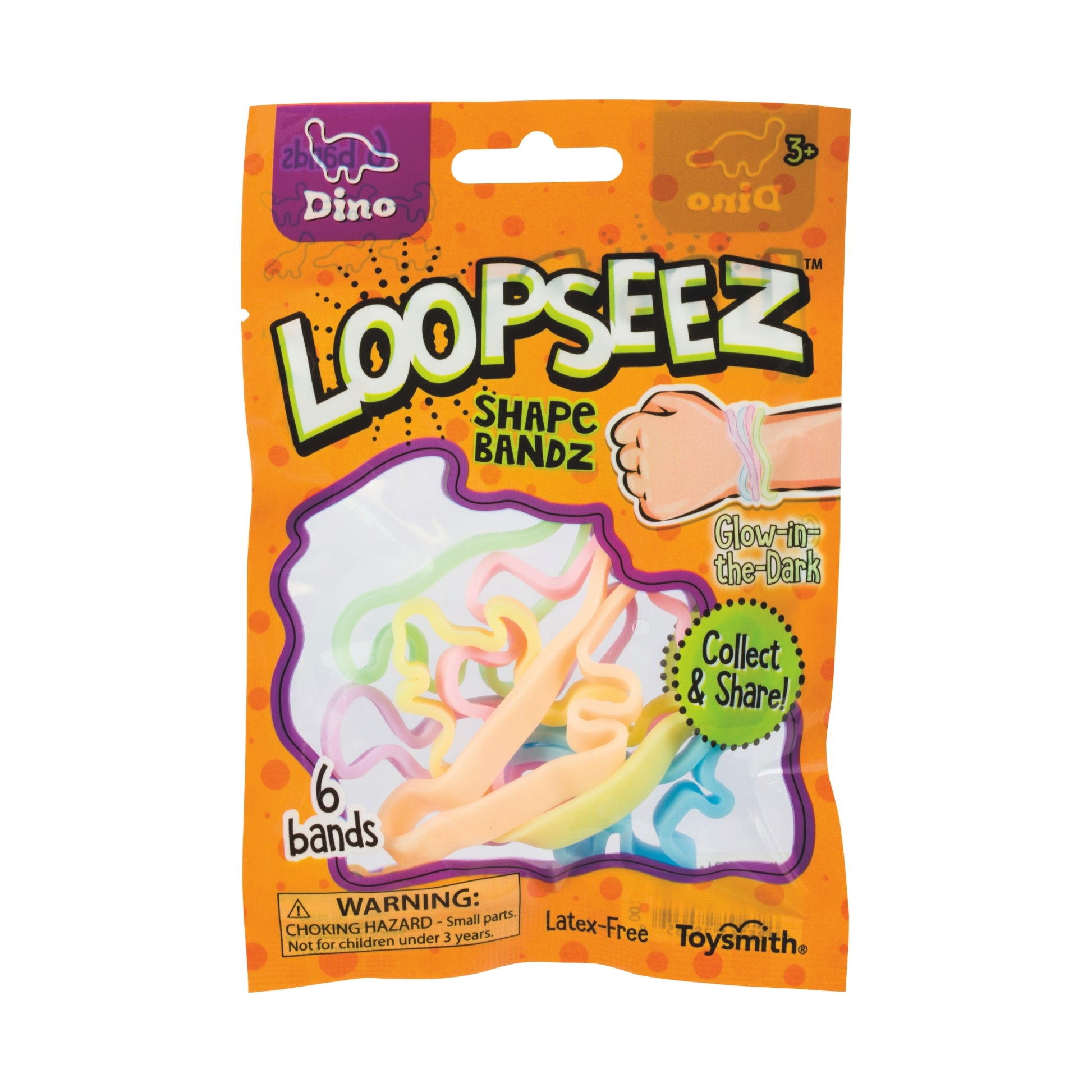 The Toysmith Loopseez Bracelets pack includes 6 colorful, glow-in-the-dark dinosaur-shaped silicone bands for ages 3+. Choking hazard warning applies. Brand: Toysmith.