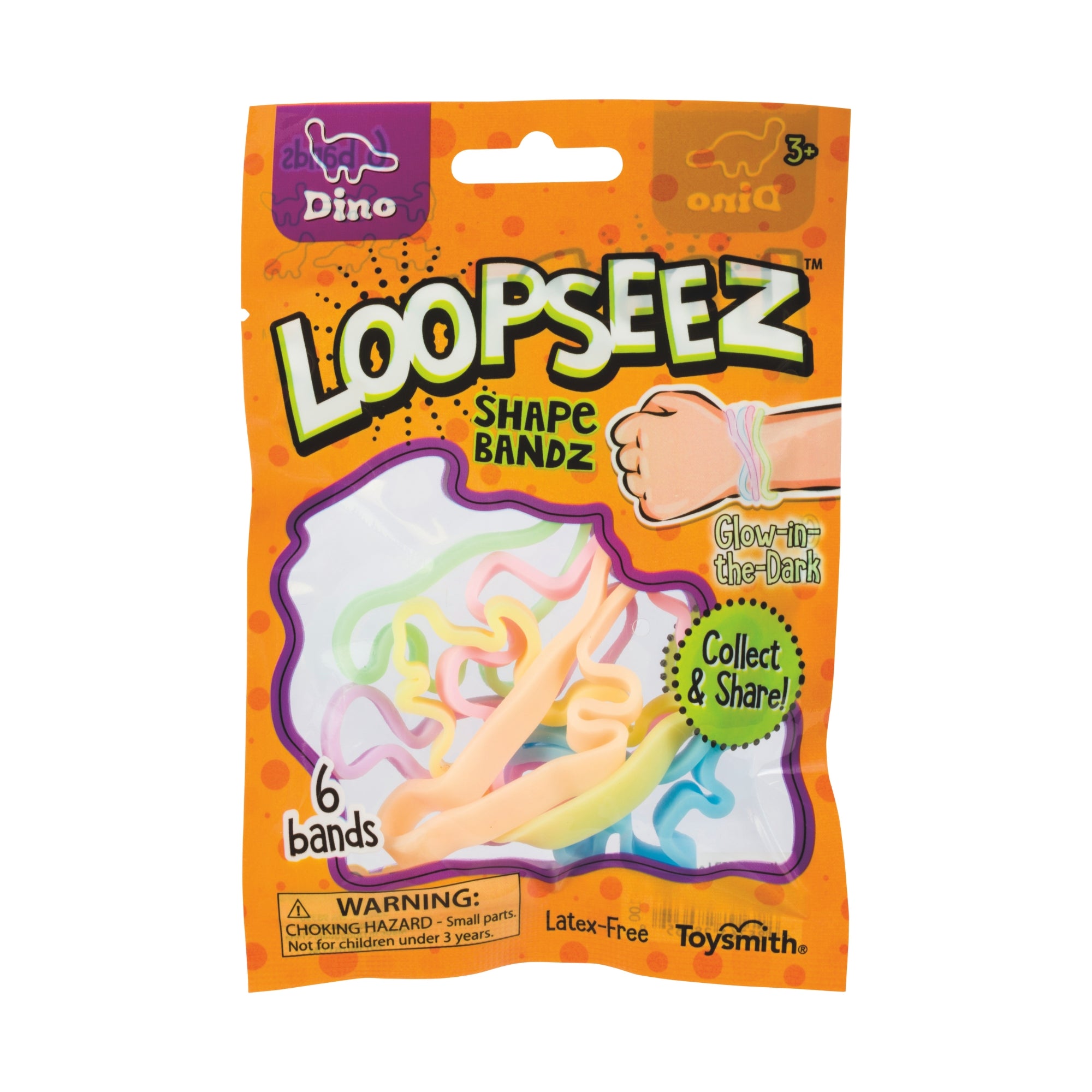 The Toysmith Loopseez Bracelets pack includes 6 colorful, glow-in-the-dark dinosaur-shaped silicone bands for ages 3+. Choking hazard warning applies. Brand: Toysmith.
