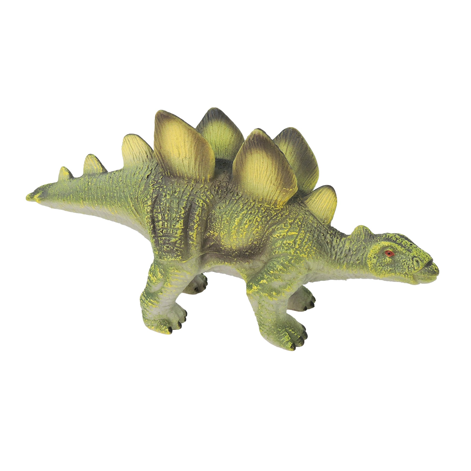 The Toysmith Squeezy Dinos by Toysmith is a green and yellow plastic stegosaurus toy featuring ridged skin, red eyes, and prominent upright plates along its back.
