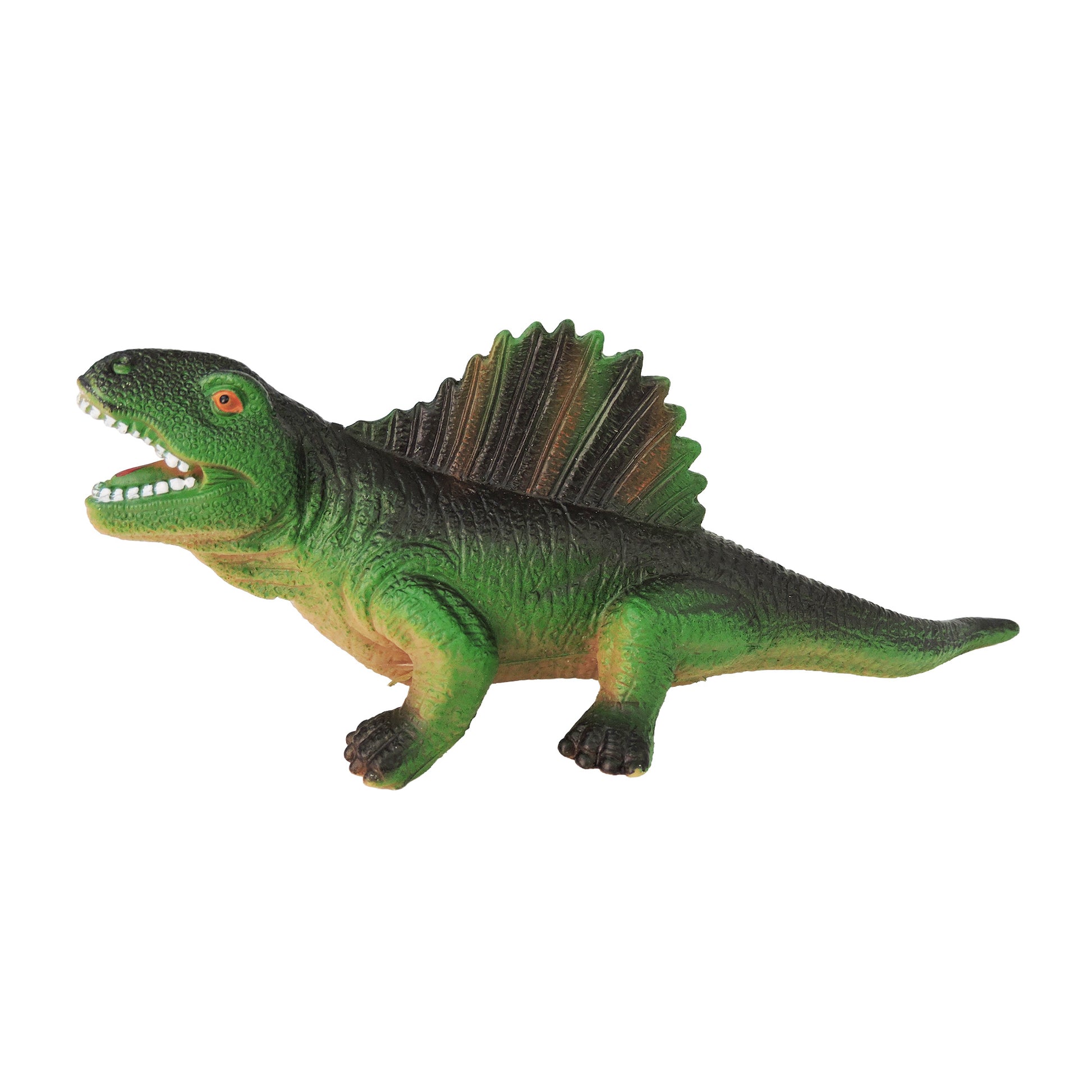 The Toysmith Squeezy Dinos by Toysmith is a green and yellow plastic toy dinosaur with an open mouth, visible teeth, and a large upright back fin, shown against a white background.