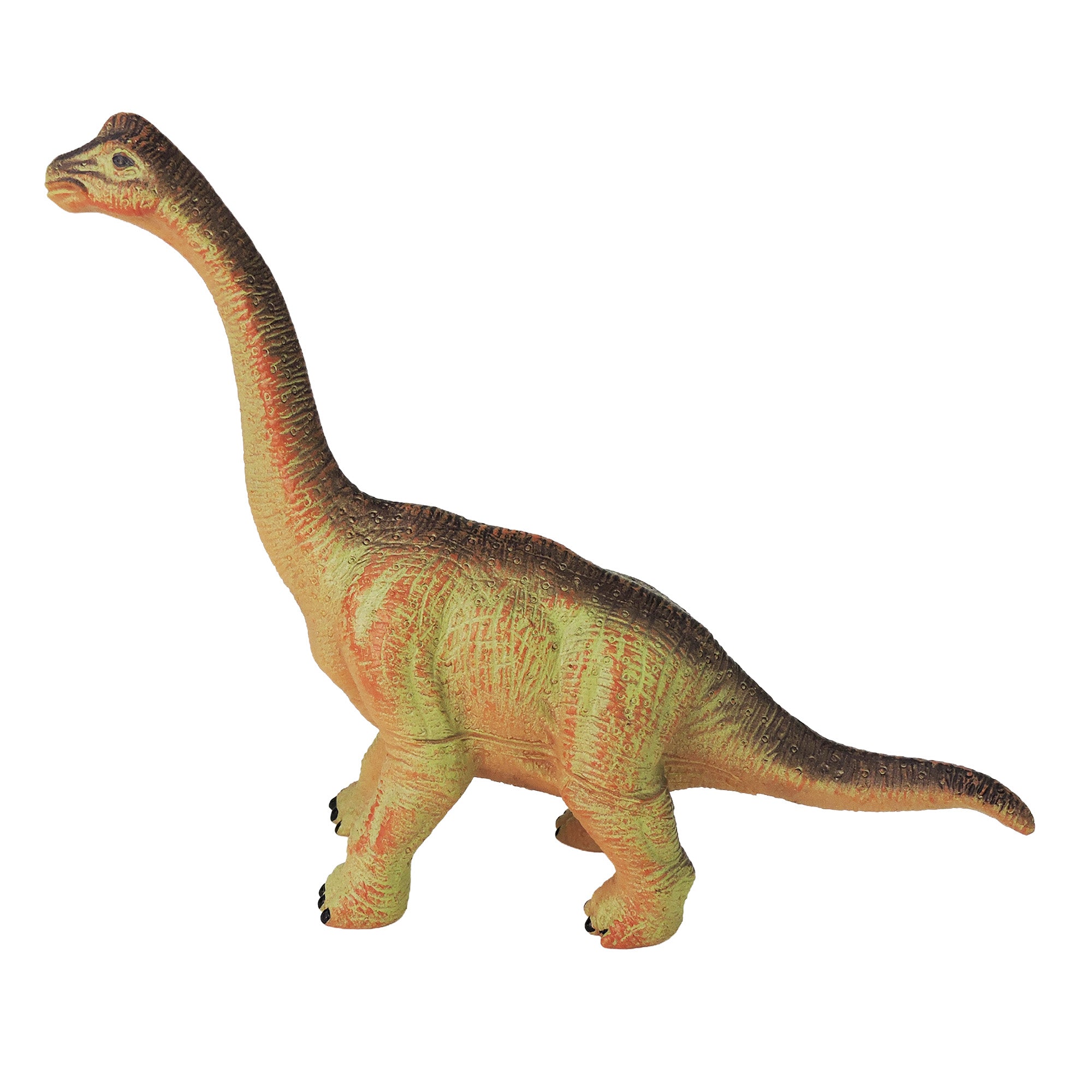 The Toysmith Squeezy Dinos by Toysmith is a green plastic dinosaur toy with orange and brown markings, featuring a long neck and tail, standing on four legs against a white background.