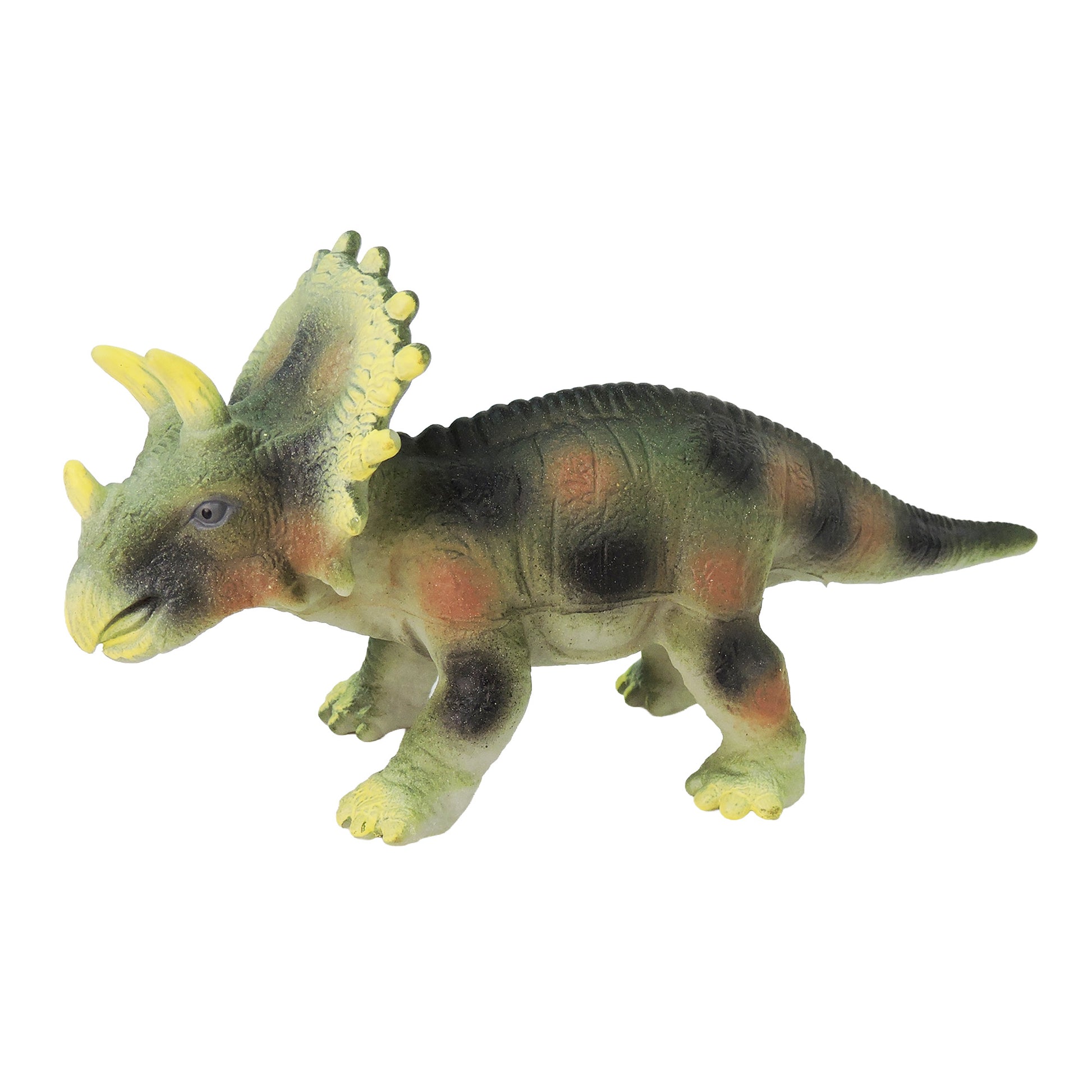 The Toysmith Squeezy Dinos by Toysmith is a plastic triceratops dinosaur figurine featuring a green body, yellow horns, and dark spots, displayed on a white background.