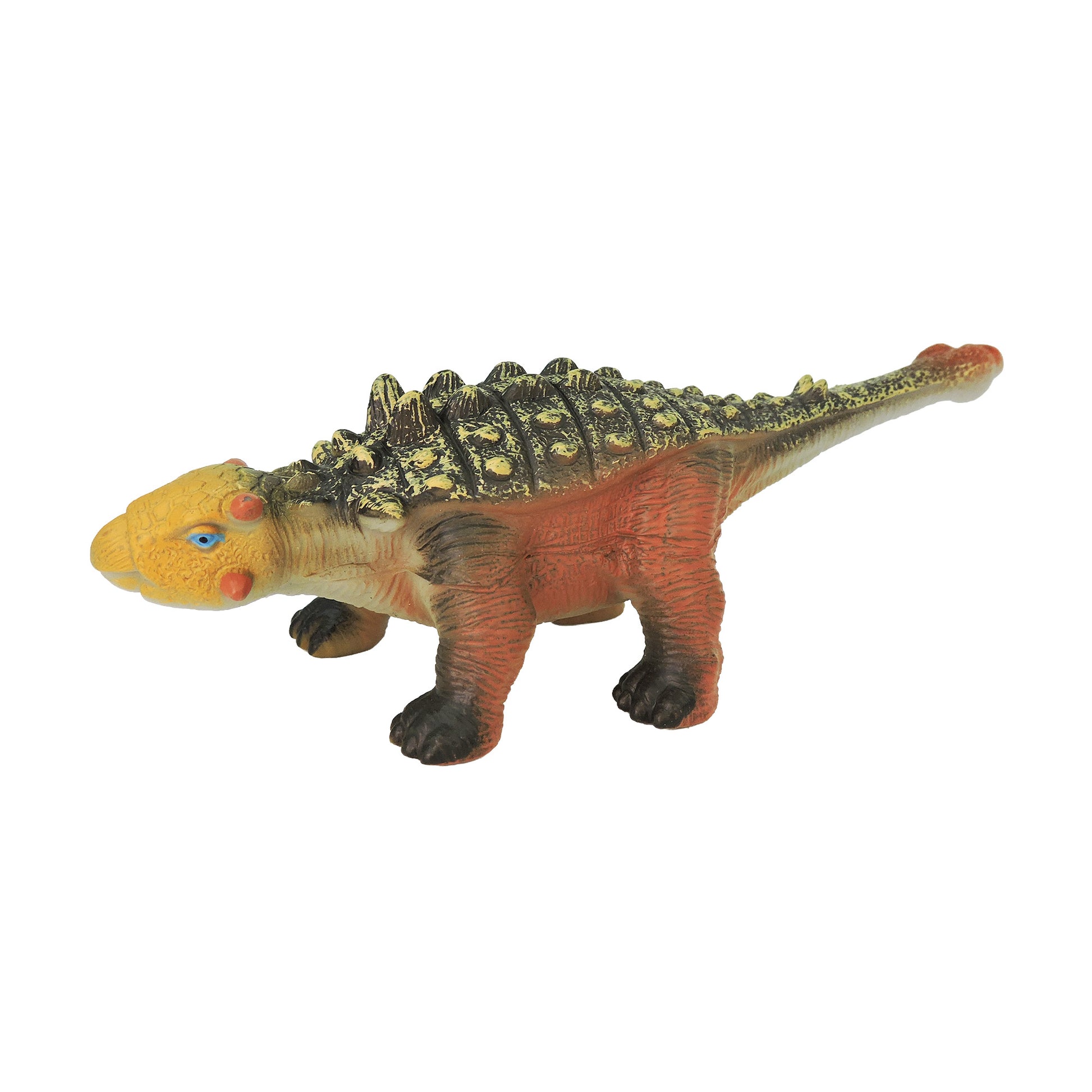 The Toysmith Squeezy Dinos by Toysmith is a dinosaur figurine with a yellow head, orange and brown body, black-scaled spiky back, and four legs, shown on a white background.