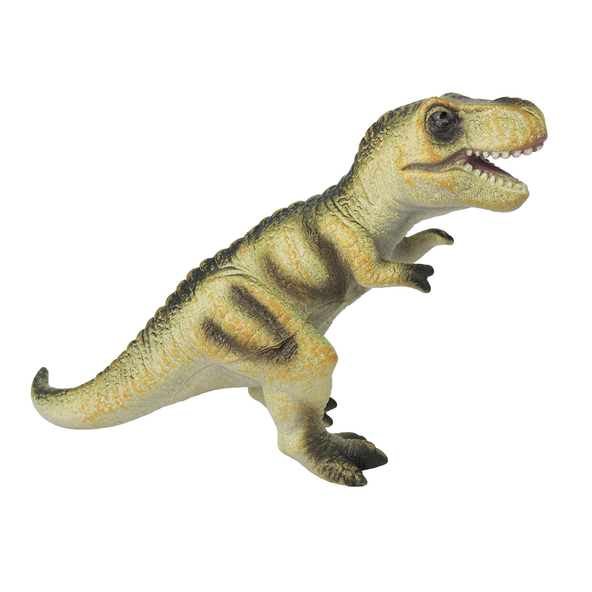 The Toysmith Squeezy Dinos by Toysmith is a greenish-yellow T. rex toy model with dark stripes, an upright stance, open mouth, and small raised arms.