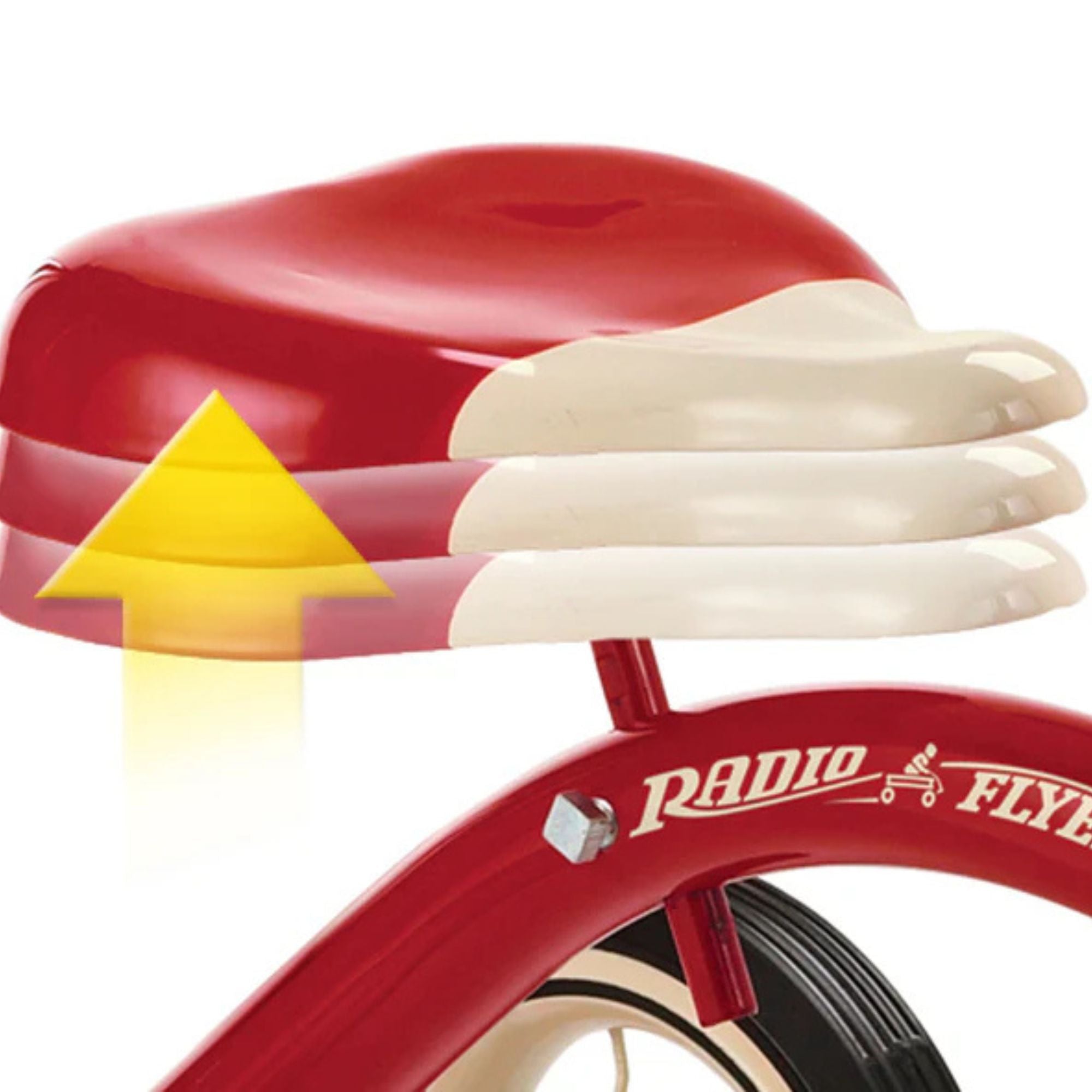 A close-up of the Radio Flyer Classic Red Dual Deck Tricycle seat with an upward yellow arrow and motion blur, highlighting that the Radio Flyer seat can be raised or adjusted.