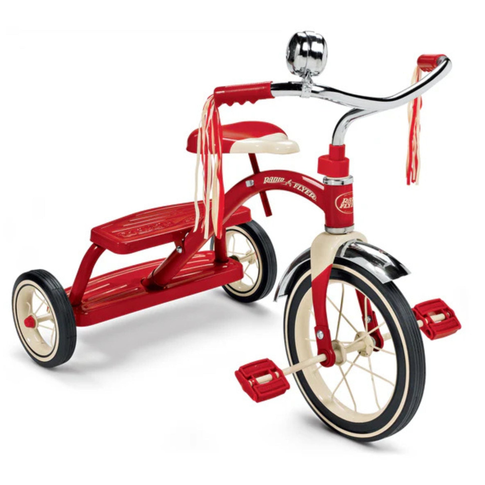The Radio Flyer Classic Red Dual Deck Tricycle features a chrome bell, handlebar streamers, a rear step, large front wheel, and two smaller rear wheels for timeless fun.