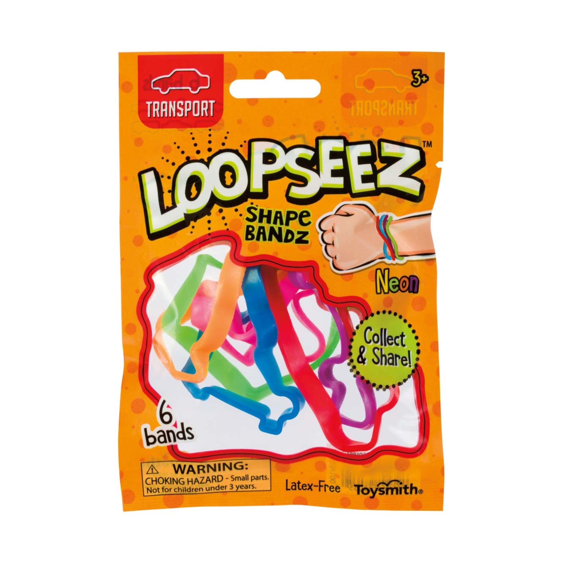 A Toysmith Loopseez Bracelets pack includes six colorful neon-shaped, latex-free bands labeled “Collect & Share!” and warns of choking hazards for kids under three.