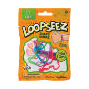 An orange Toysmith Loopseez Bracelets package shows colorful rubber bands inside. The packaging advertises 6 shiny, collectible, shareable bands labeled "Farm," for ages 3 and up.