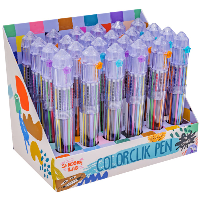 A display box of Sensory Lab ColorClik Pens by Sensory Lab features 10 vibrant color click pens with clear, pointed caps, neatly arranged upright. The playful packaging highlights the colorful assortment inside.