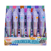 A display box of Sensory Lab ColorClik Pens, each with a clear barrel and 10 vibrant inks. The box has colorful patterns and bold “SENSORY LAB COLORCLIK PEN 10 COLORS!” text on the front.