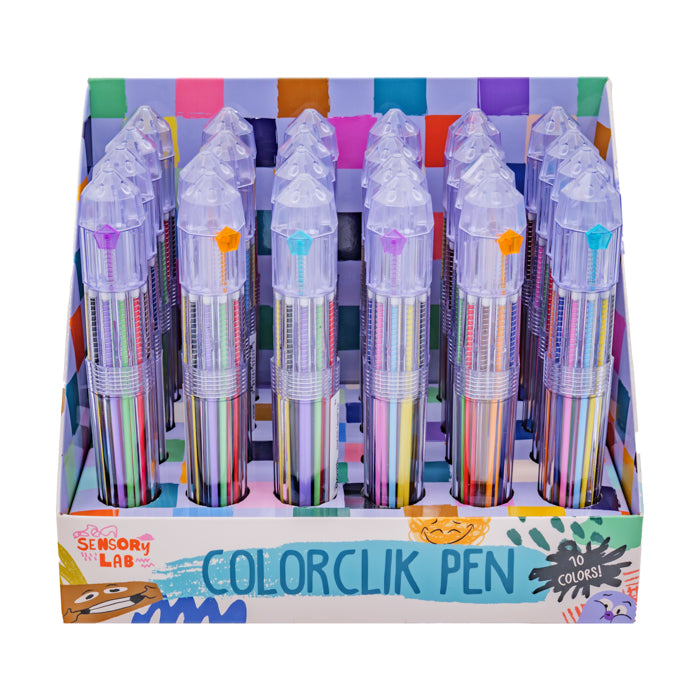 A display box of Sensory Lab ColorClik Pens, each with a clear barrel and 10 vibrant inks. The box has colorful patterns and bold “SENSORY LAB COLORCLIK PEN 10 COLORS!” text on the front.
