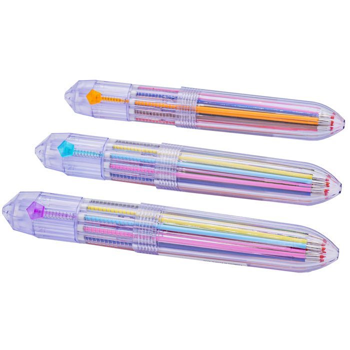 Three Sensory Lab ColorClik Pens by Sensory Lab, each featuring 10 vibrant shades in one pen. The transparent design displays an array of lively colors, similar to a colorful palette neatly arranged in a single click pen.