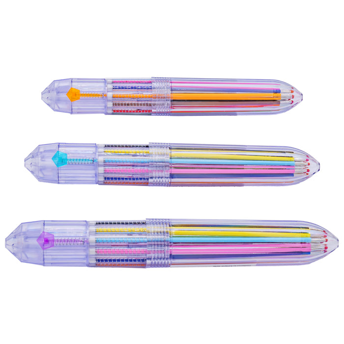 Three Sensory Lab ColorClik Pens with clear, purple-tinted barrels are displayed horizontally. Each pen features 10 vibrant ink colors visible through the transparent casing, arranged in a row on a white background.