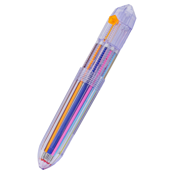 A large, translucent purple pencil-shaped container by Sensory Lab neatly holds multiple vibrant ColorClik Pens, with each pen’s colorful barrel visible—perfect for organizing your Sensory Lab ColorClik Pen collection.