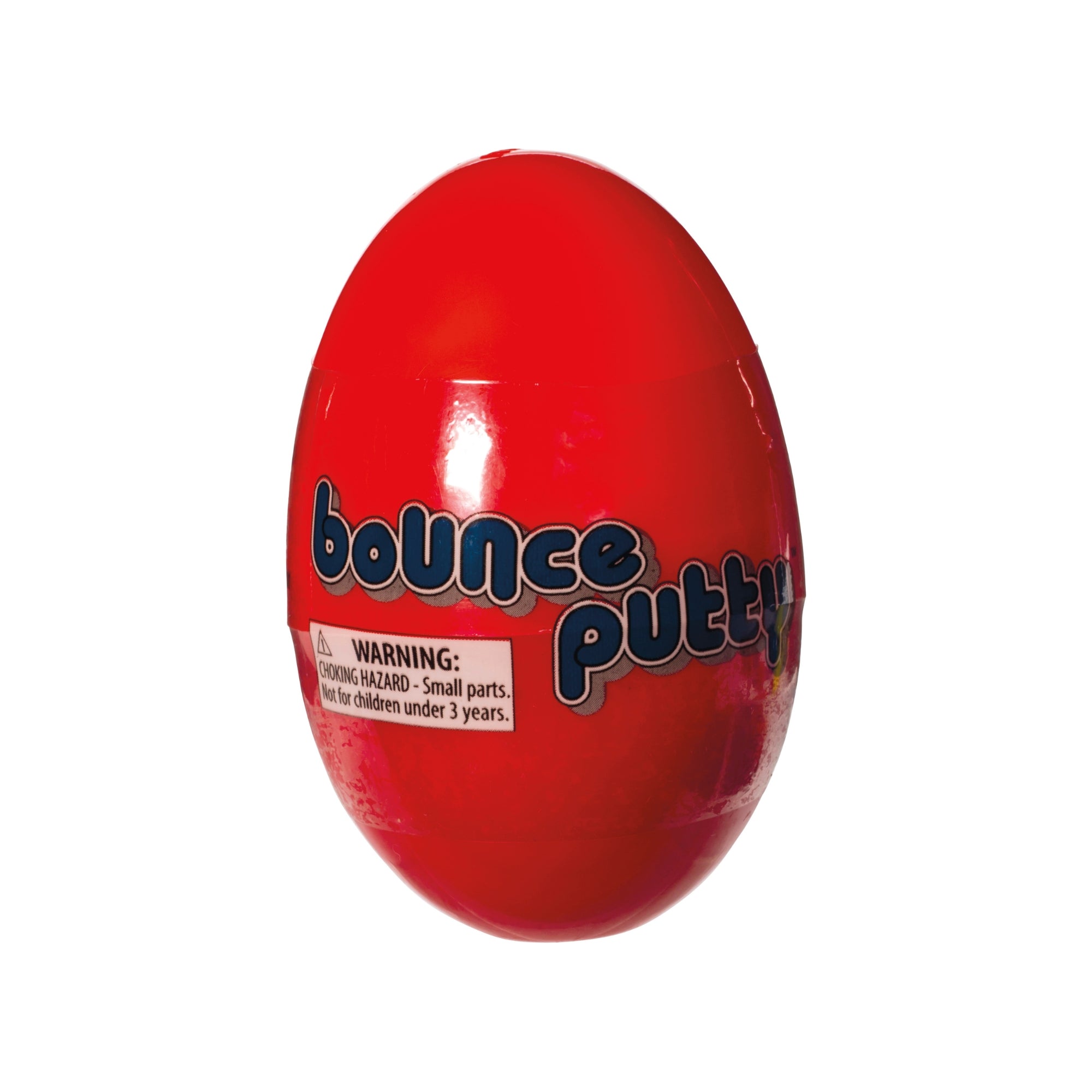A red plastic egg-shaped container labeled "Toysmith Colorful Bounce Putty" by Toysmith, with a warning about small parts and a hazard for children under 3 years old.