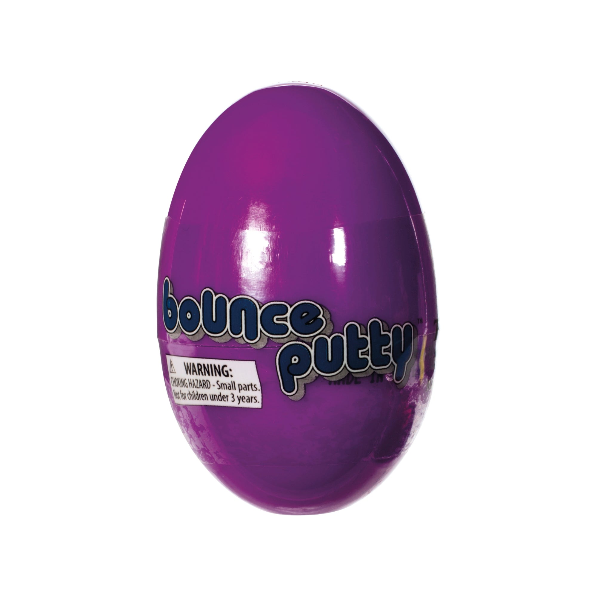 A purple, egg-shaped plastic container labeled Toysmith Colorful Bounce Putty from Toysmith, with a small parts warning, suitable for children ages 3 and up.