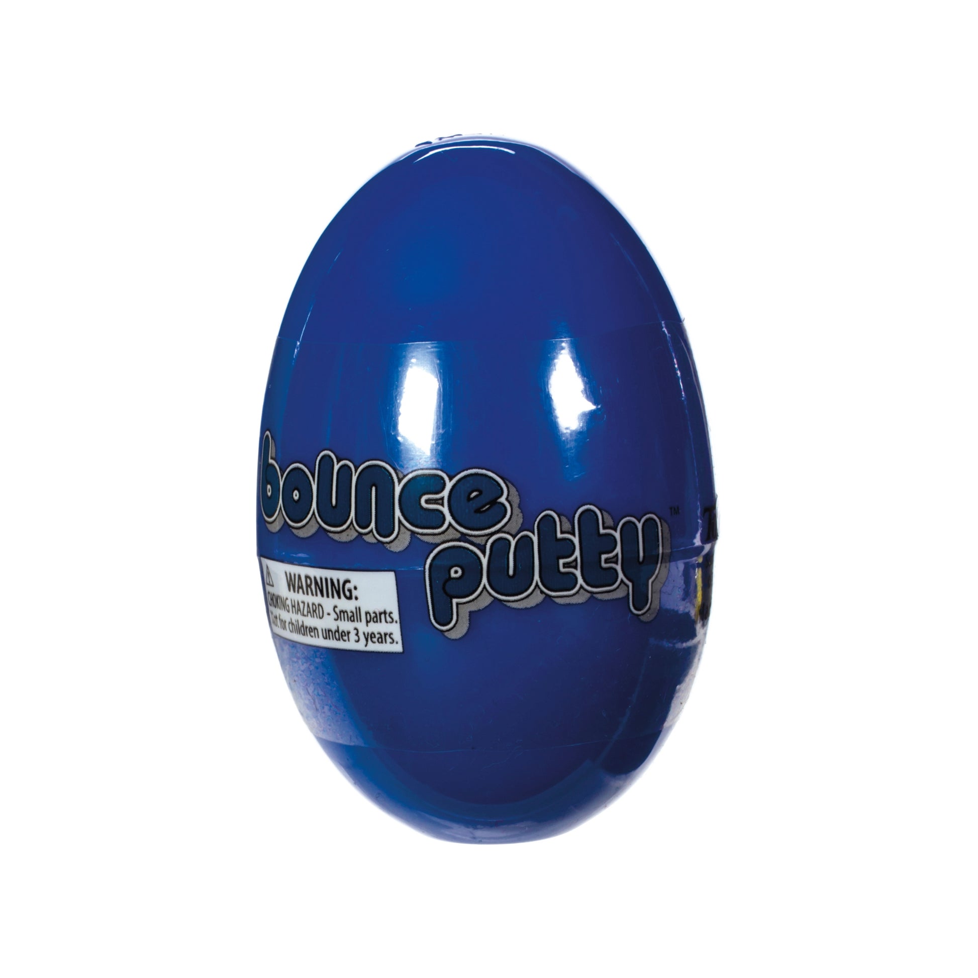 A shiny blue plastic egg labeled Toysmith Colorful Bounce Putty, with a small parts warning, displayed against a white background.