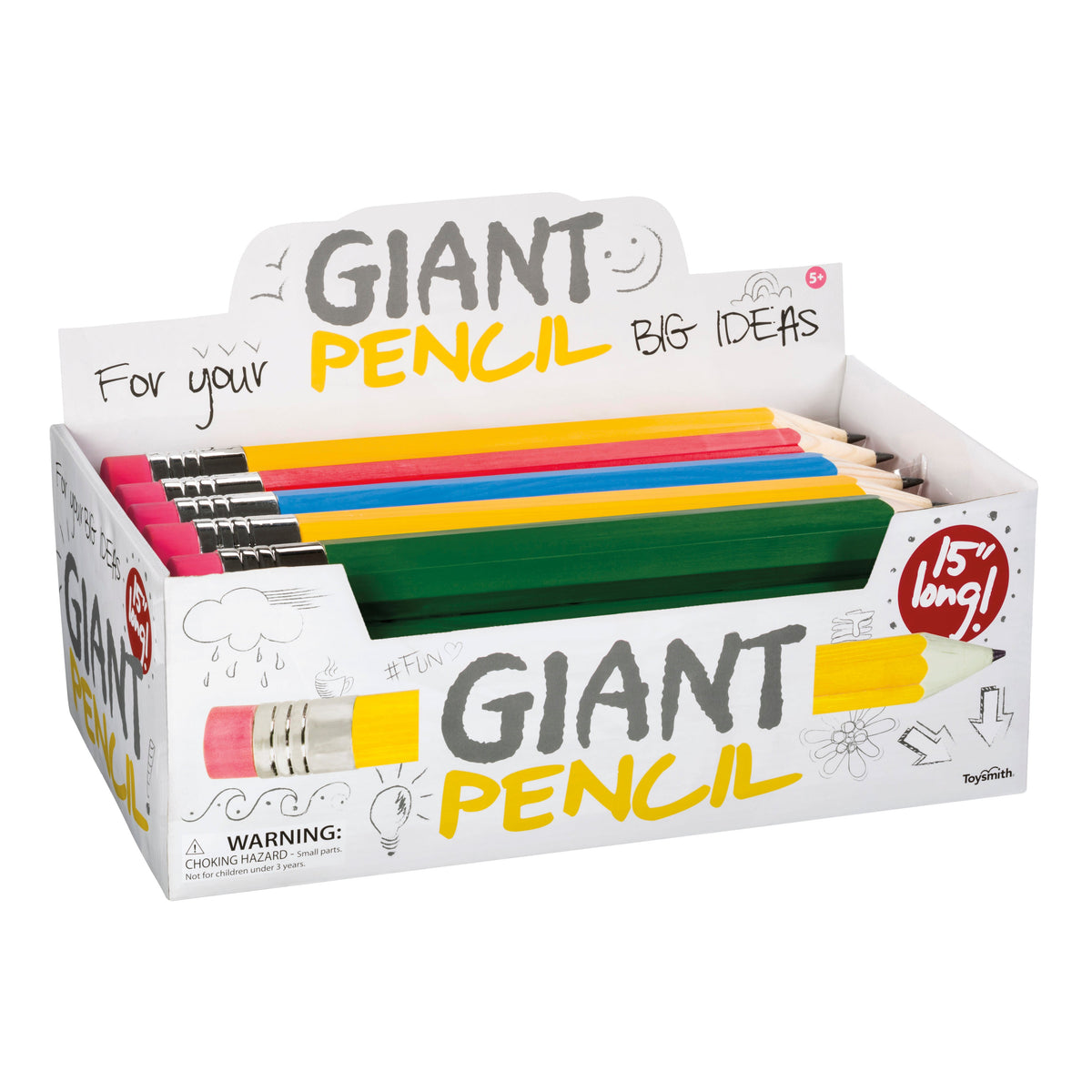 The Toysmith Giant Pencil display box by Toysmith holds oversized wooden pencils with big erasers in yellow, pink, blue, green, and red. Each pencil measures 15 inches—perfect for making a bold statement and sparking creativity.