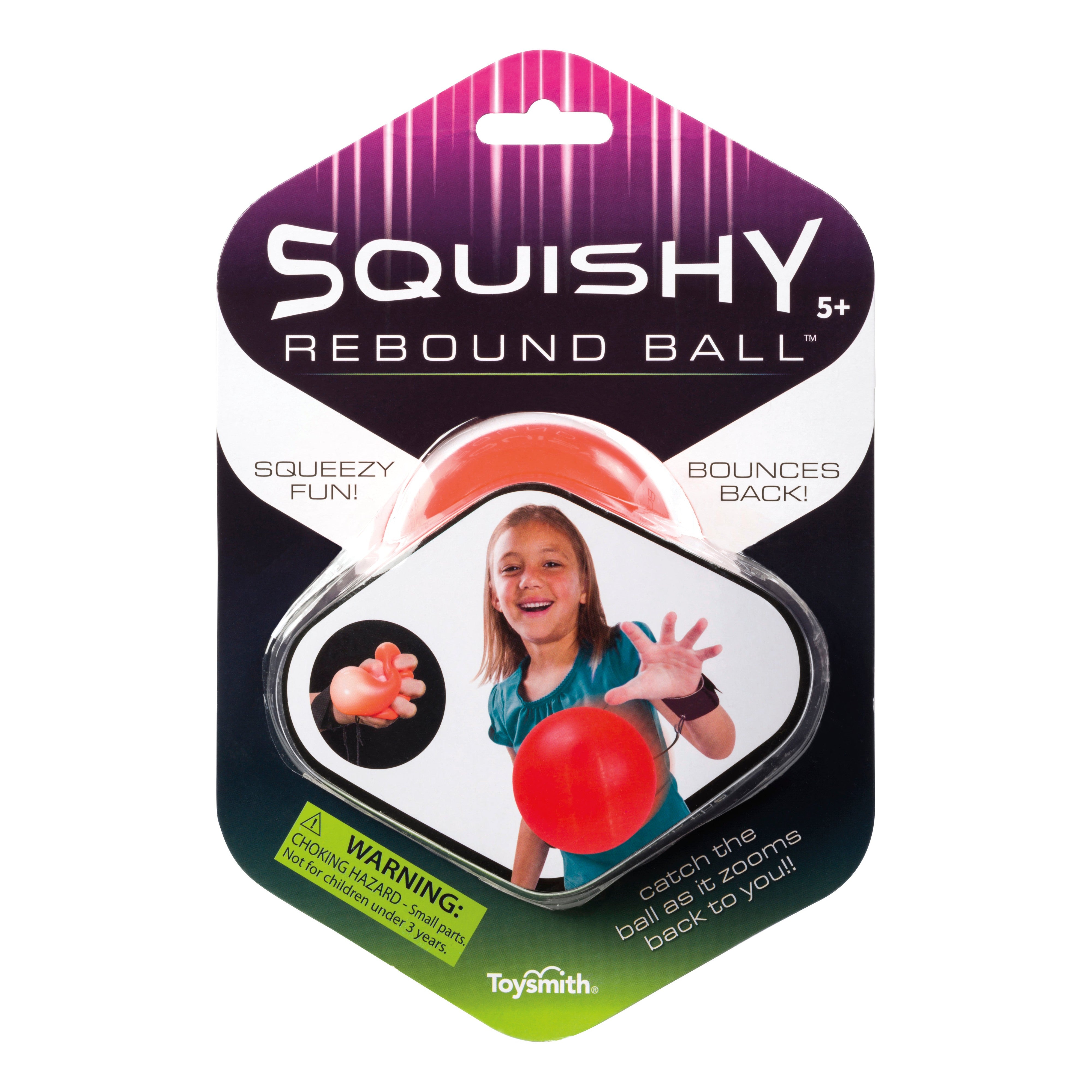 The Toysmith Squishy Rebound Ball package shows a girl catching a red bouncy ball. Features like "Squeezy Fun" and "Bounces Back" are highlighted, along with a choking hazard warning. Brand: Toysmith.