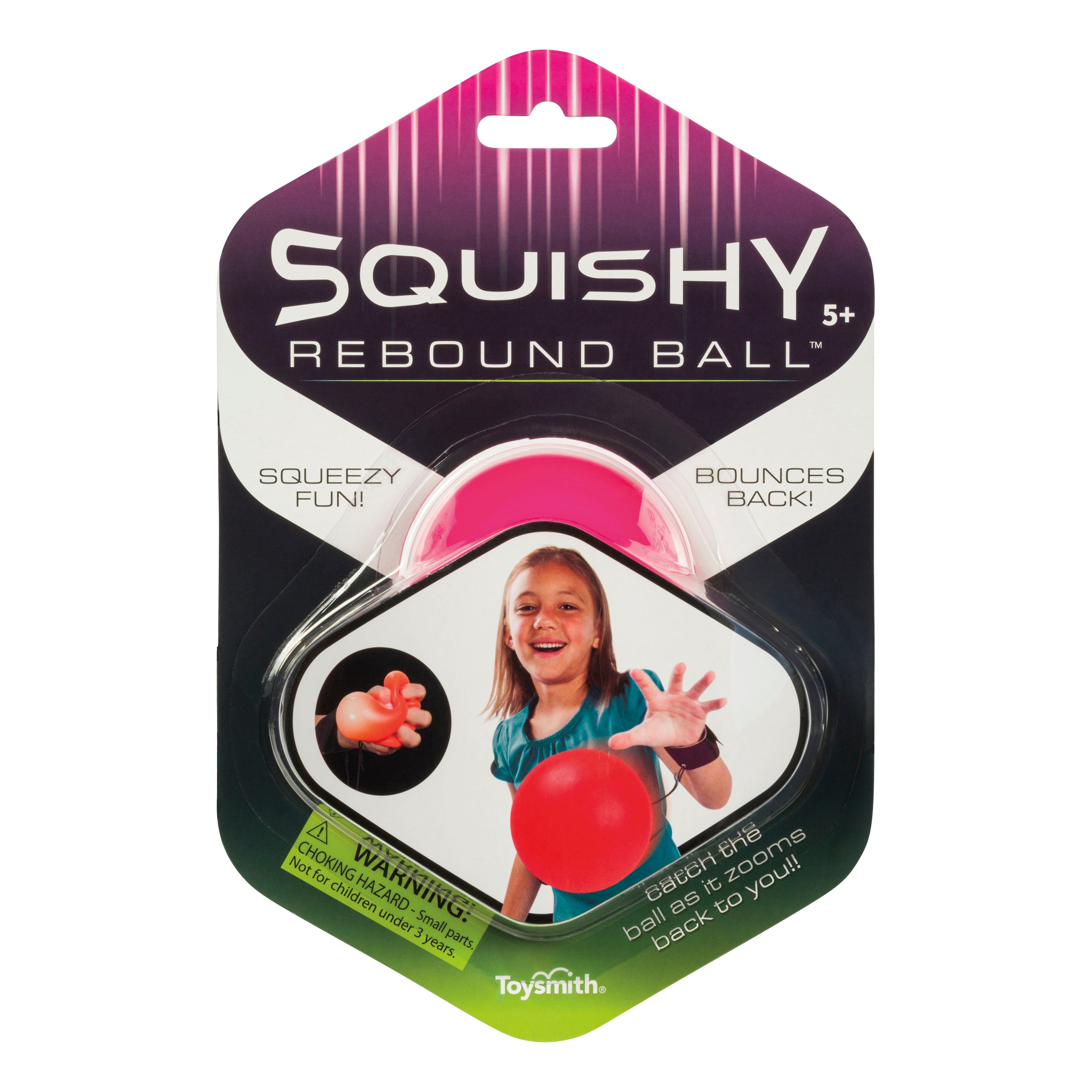The Toysmith Squishy Rebound Ball features squeezy, bouncy fun for kids ages 5+. This Toysmith toy bounces back with every throw, making active play enjoyable. Packaging shows a smiling girl playing with the ball.