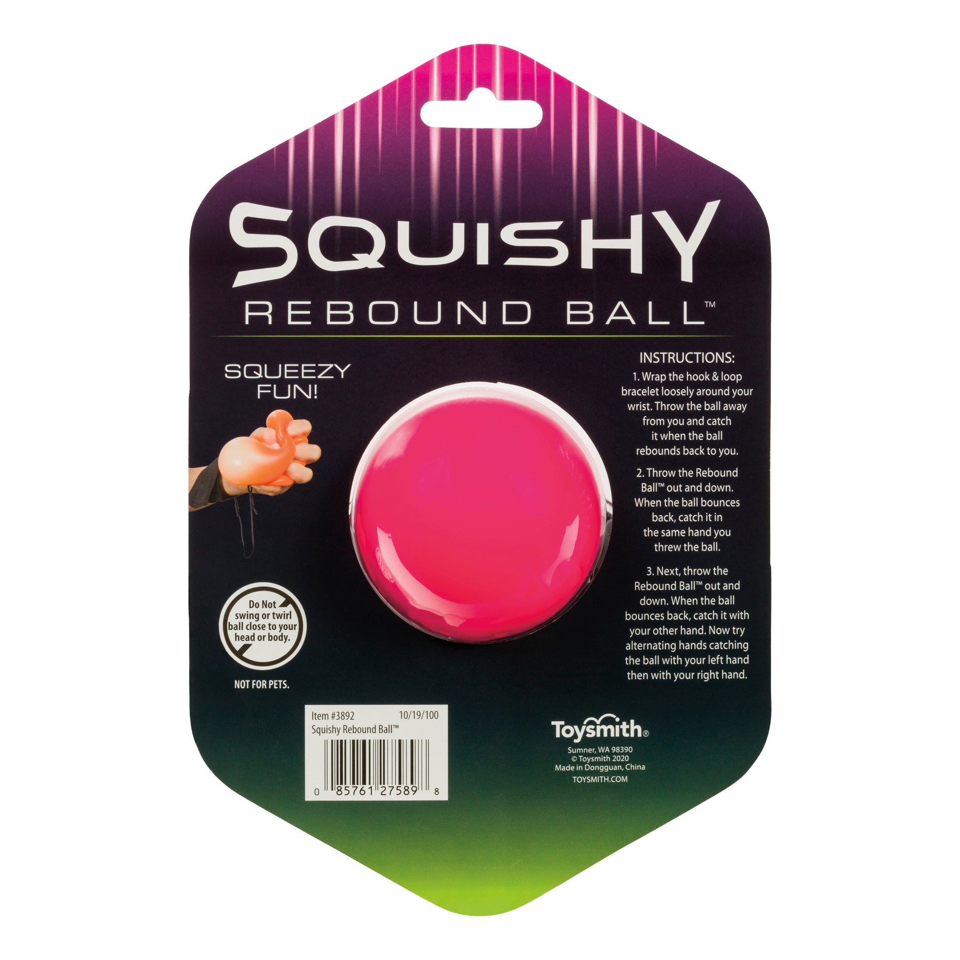 A package displays the Toysmith Squishy Rebound Ball in bright pink at the center with Toysmith branding and instructions, while a hand on the left shows how to use this fun kids’ active toy.