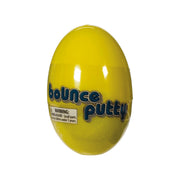 A yellow, egg-shaped Toysmith Colorful Bounce Putty container labeled with a small parts warning, suitable for children over 3 years old, shown on a plain white background.