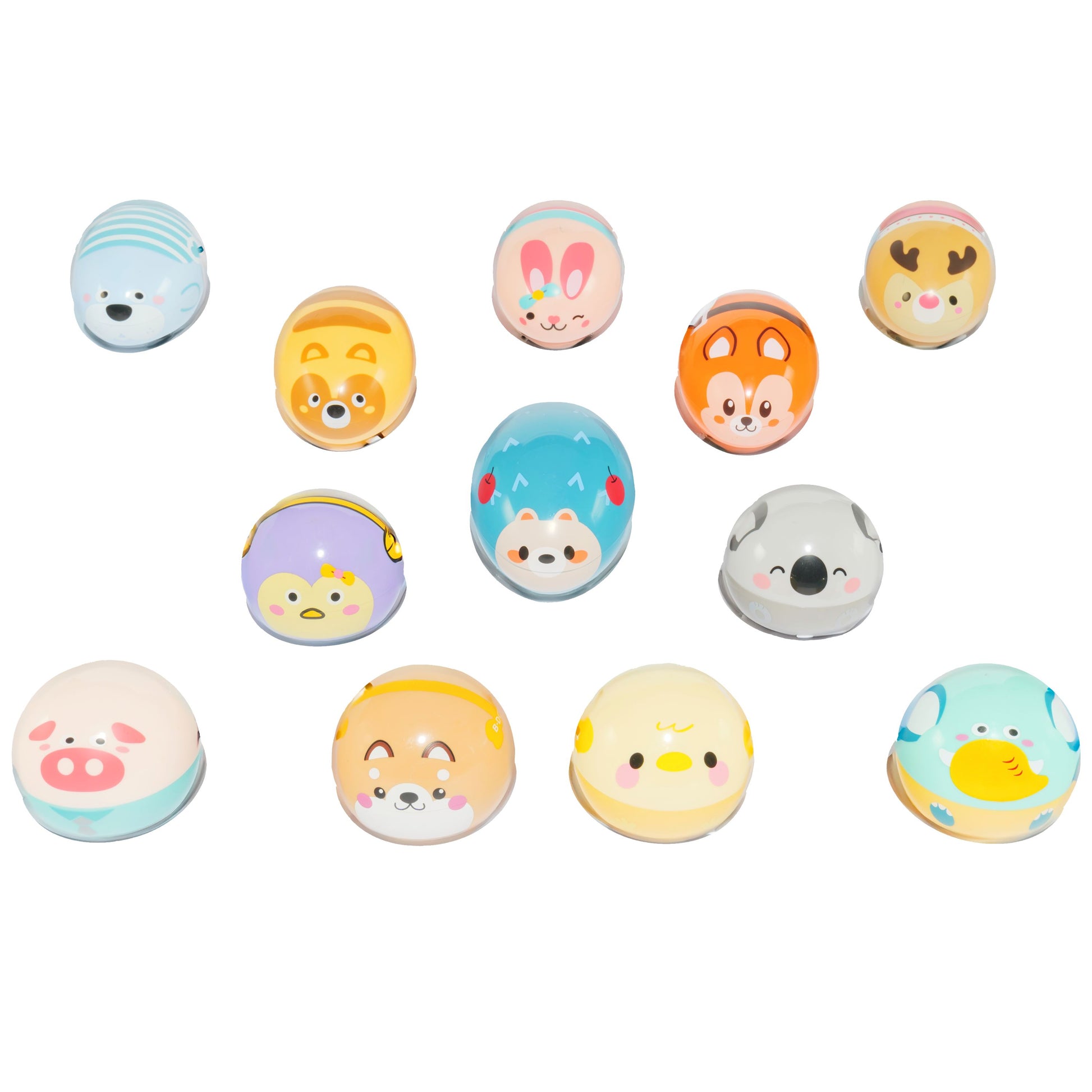 Twelve Farm Fresh Zippy Critters by Farm Fresh—colorful, round magnetic pull-back toy animals like a pig, duck, bunny, raccoon, fox, bear, and deer—are arranged in rows on a white background.