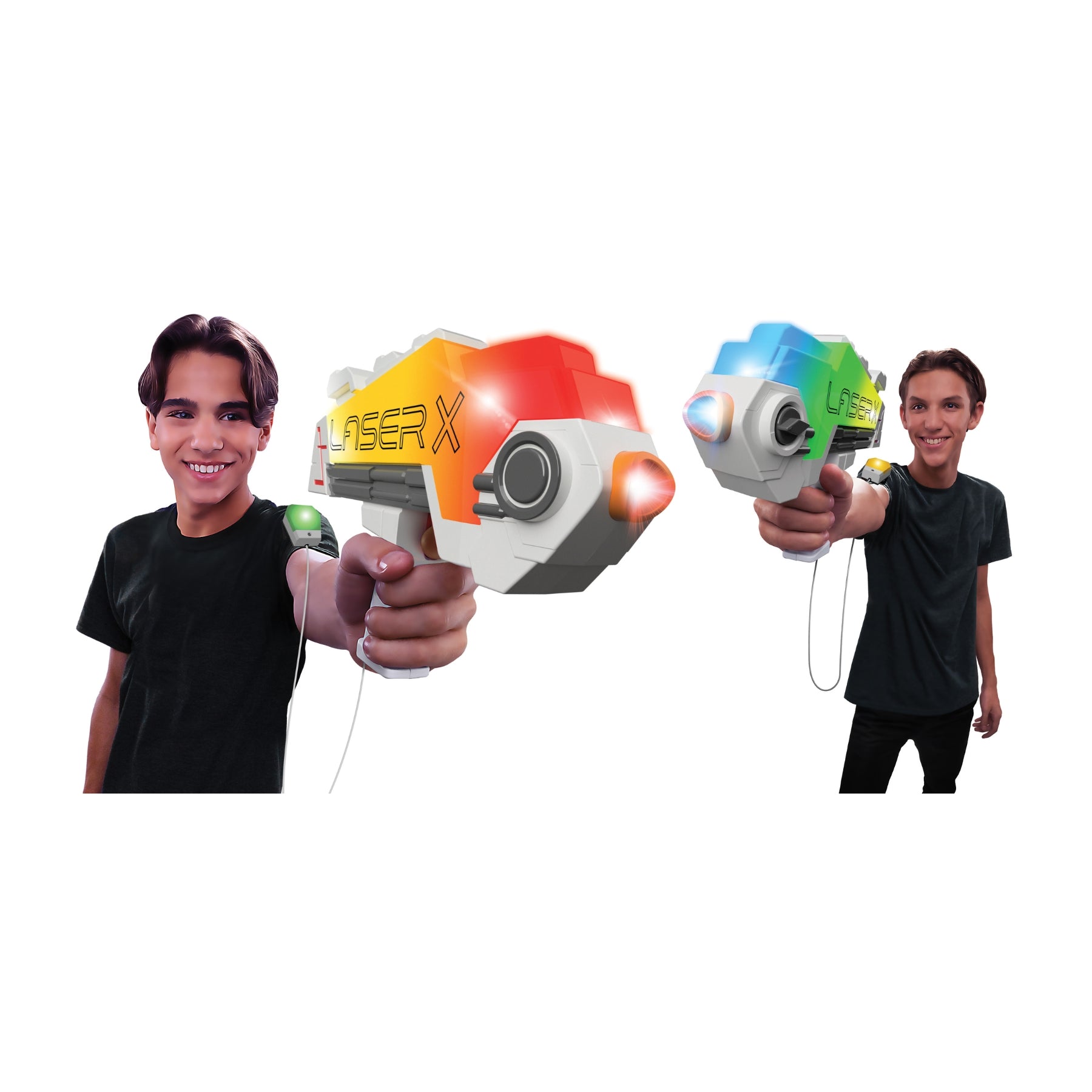 Two smiling teens in black shirts hold NSI Laser X Ultra Double B2 Blasters, aiming them playfully forward. The plain white background emphasizes the excitement of these multi-player laser tag toys.
