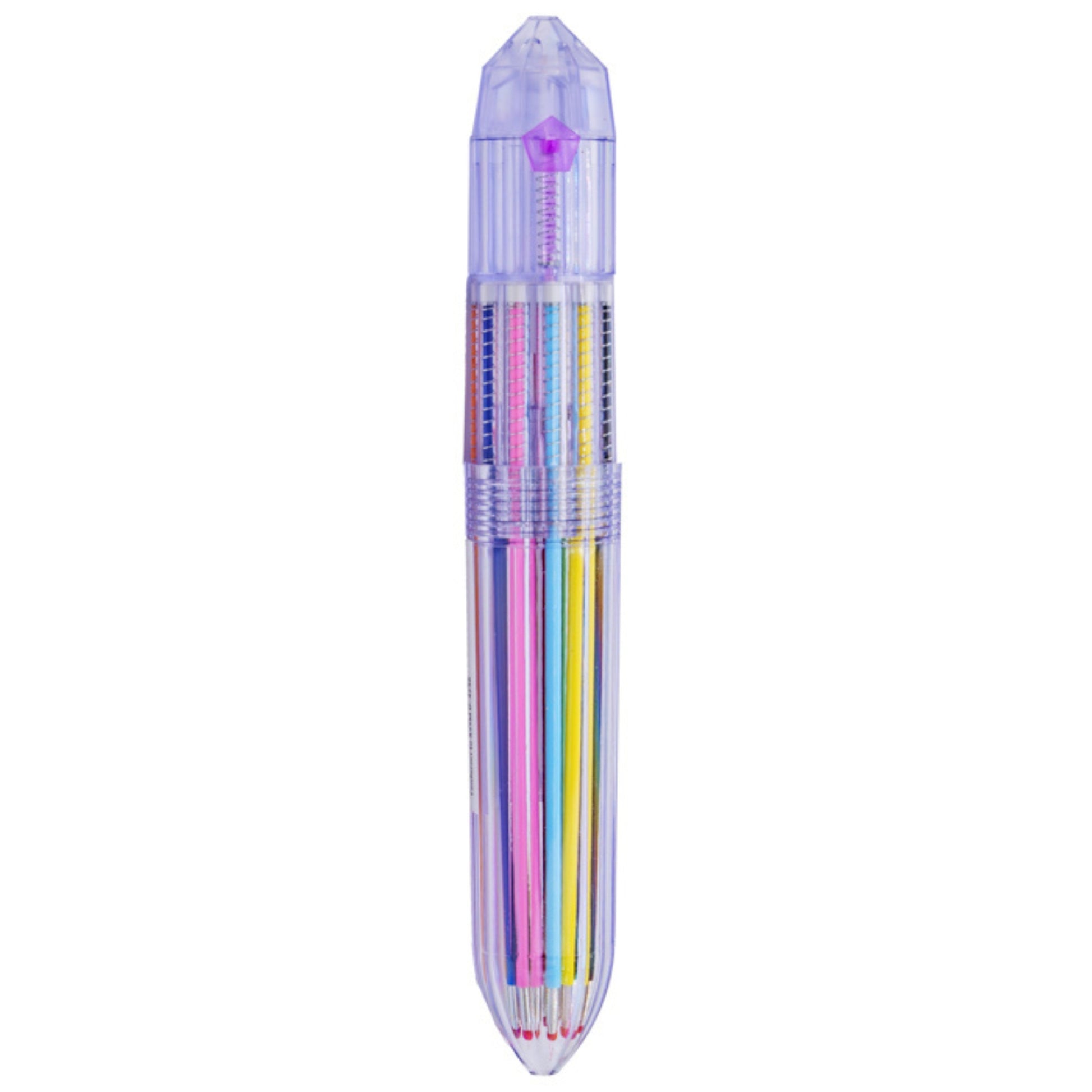 The Sensory Lab Colorclik Pen features a transparent purple case that displays 10 vibrant ink colors inside, combining convenience and style in one multicolor pen.
