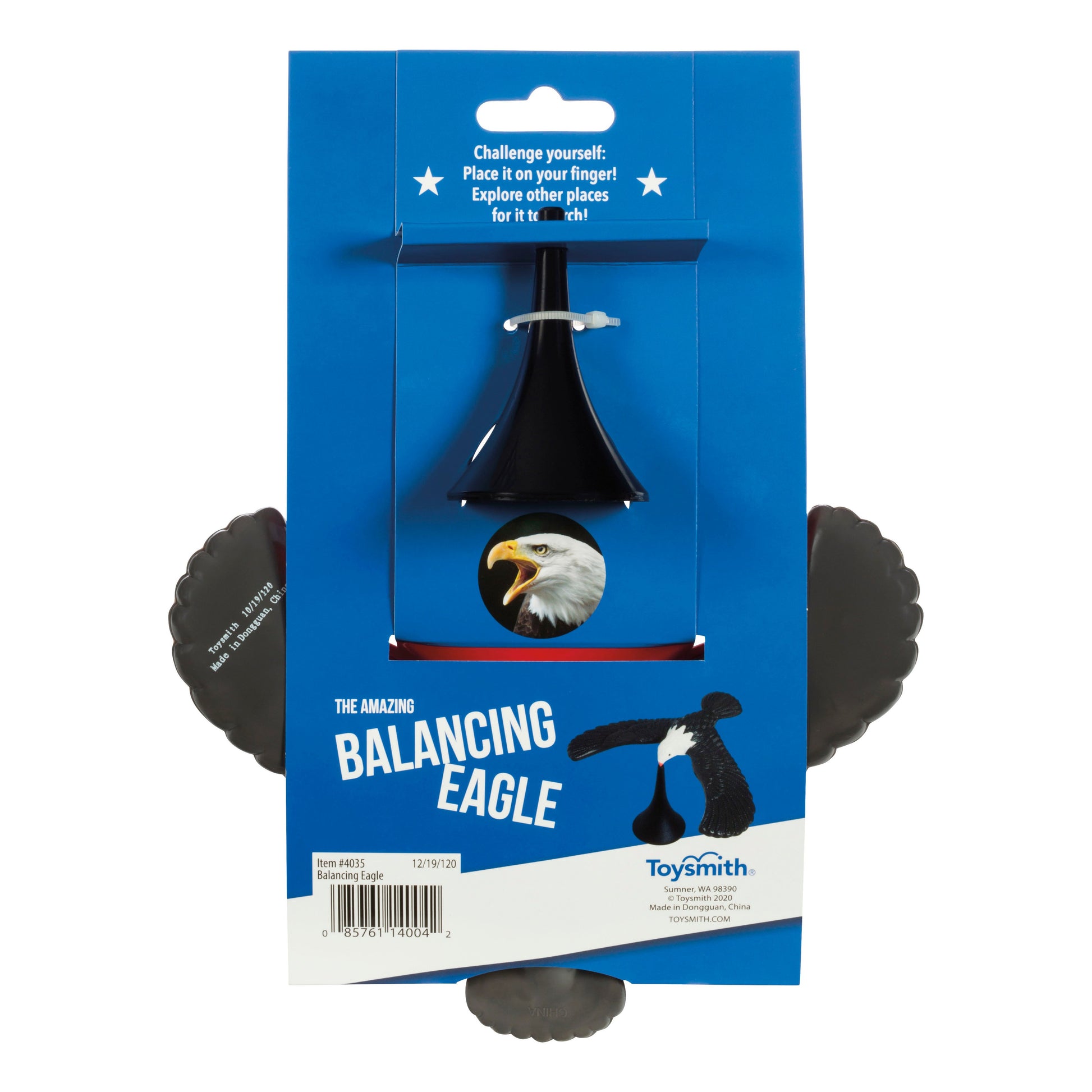 The Toysmith Balancing Eagle is a novelty toy featuring a black eagle with outstretched wings that magically balances on your finger. Packaged by Toysmith, it comes in a blue box with an eagle photo.
