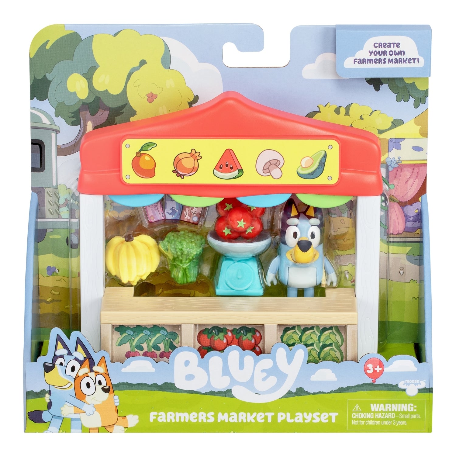 Bluey Farmers Market Playset packaging with characters and vegetables