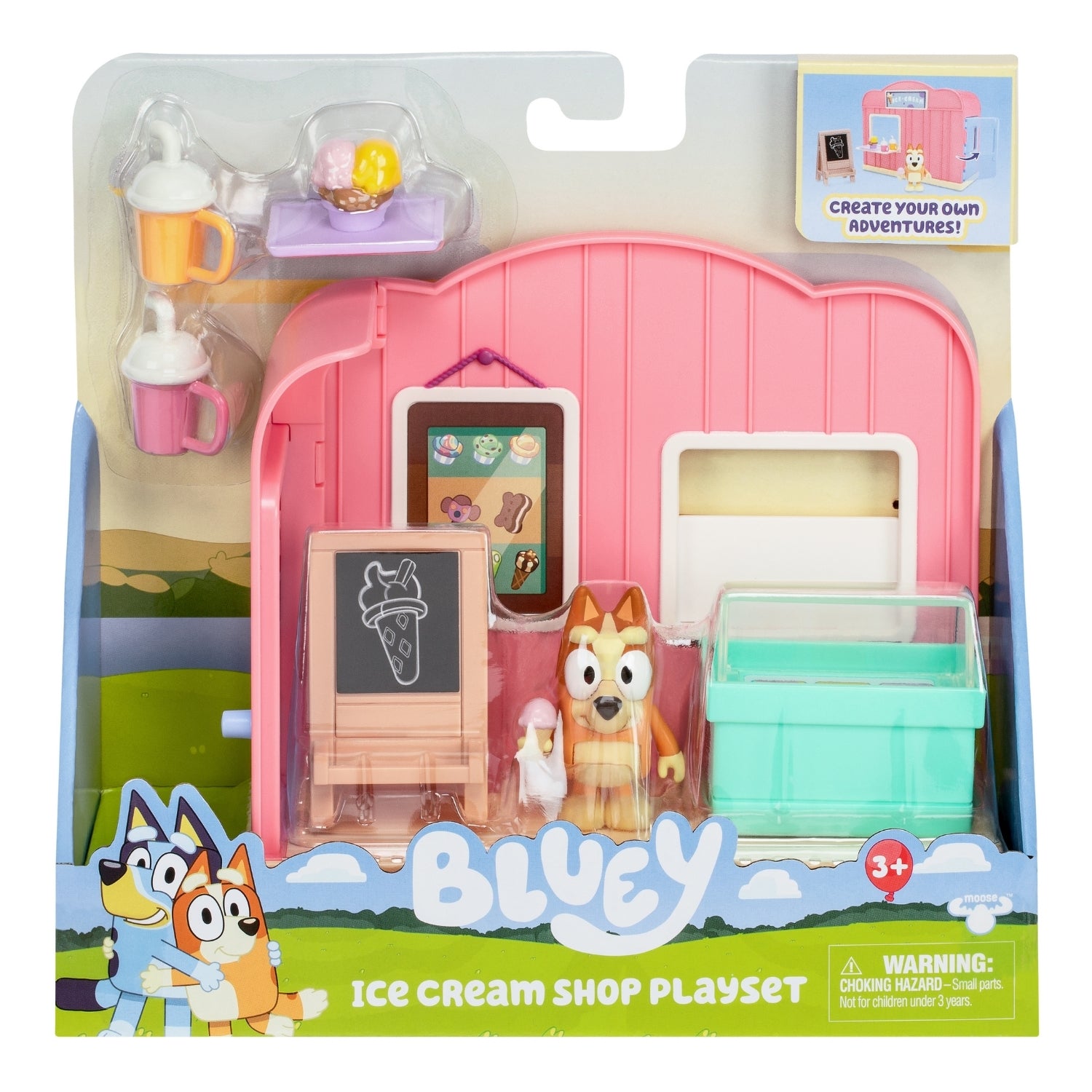 Bluey Ice Cream Shop Playset packaging with toy figures and accessories.