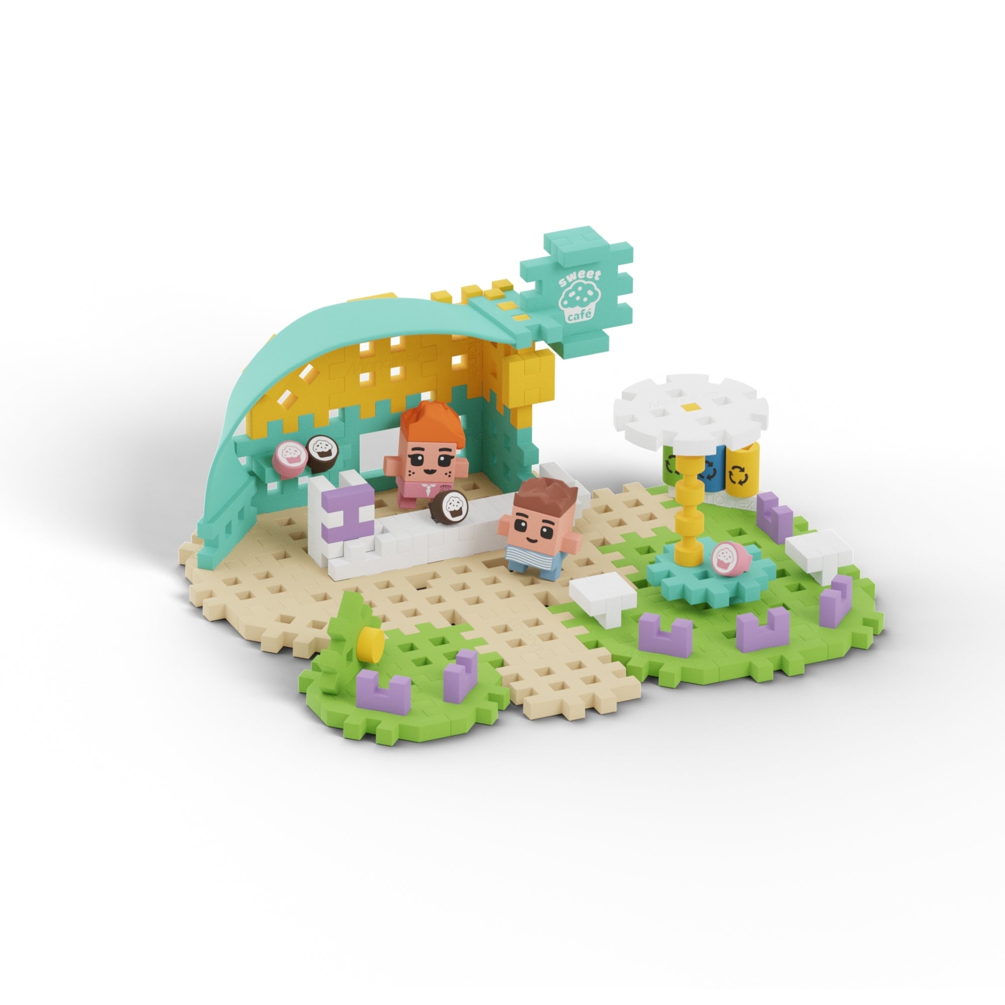 Marioinex Mini Waffle City is a toy building set with two blocky human figures at a sushi stand, featuring a green and yellow canopy, white sushi counter, flower-shaped table, and playful elements for creative STEM learning.