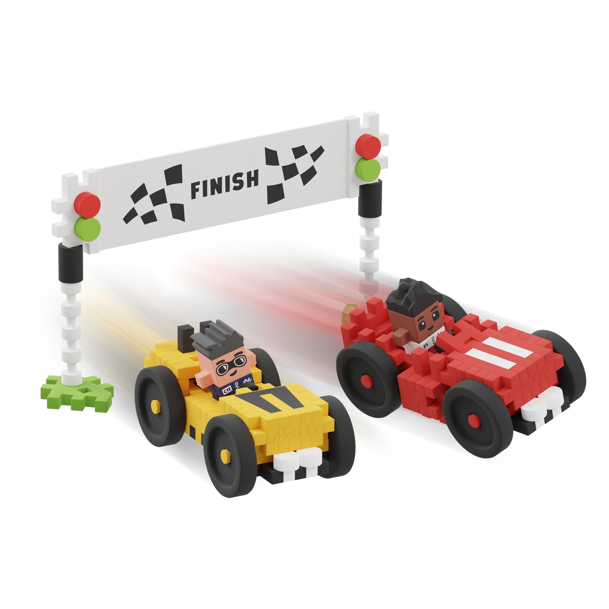 Two toy race cars, one yellow and one red with blocky drivers, race toward a checkered FINISH line under a traffic light. Marioinex Mini Waffle City sparks imagination and encourages STEM learning through creative play.