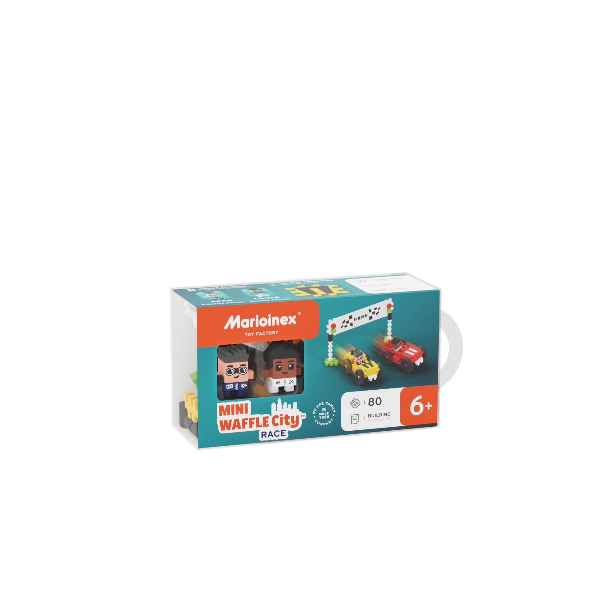 A box of Marioinex Mini Waffle City, a 80-piece educational construction set for kids ages 6+, featuring toy cars, block figures, and a finish line—perfect for creative STEM learning fun.