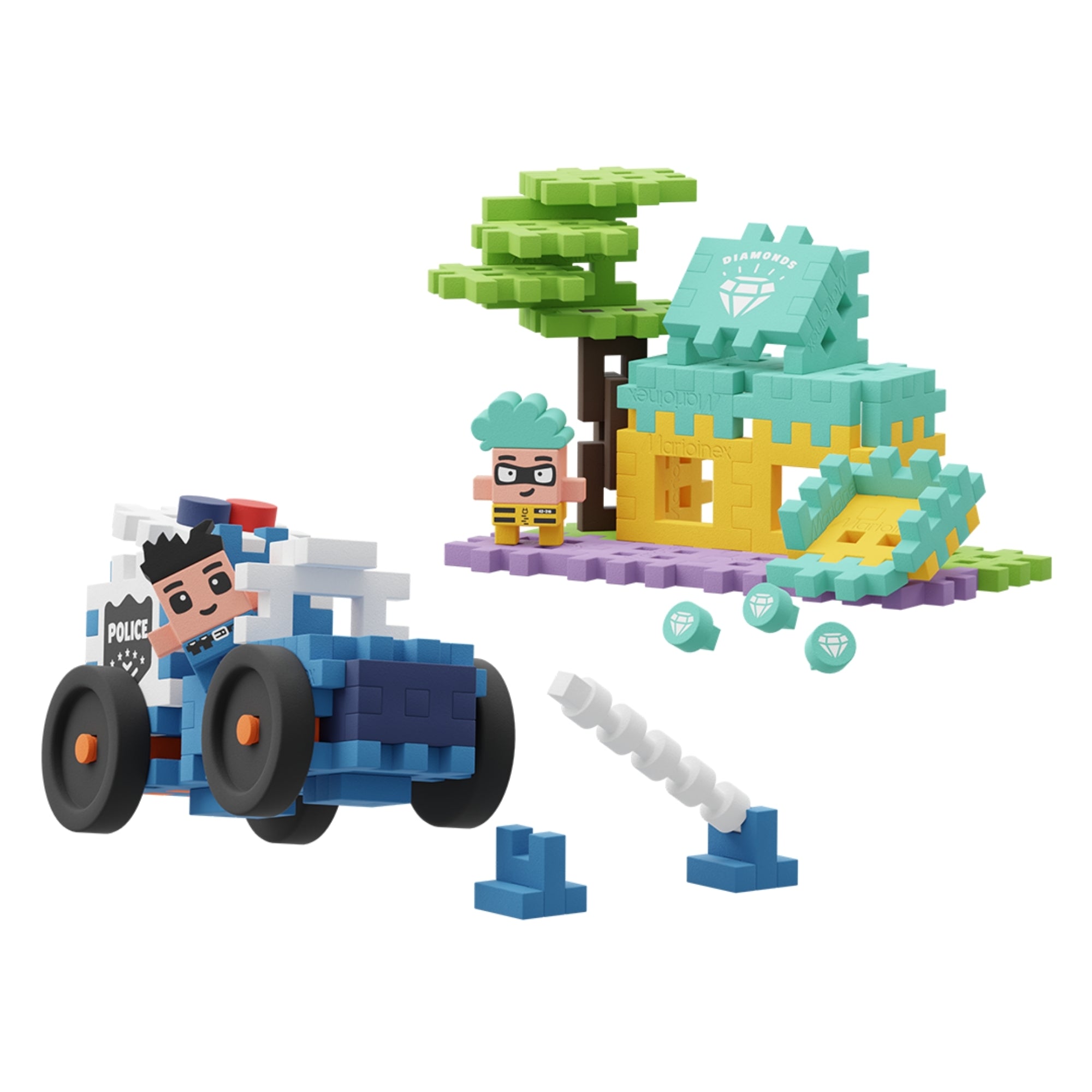 Marioinex Mini Waffle City lets kids build a police car with an officer, a house with a tree, diamond-shaped blocks, and a green-haired character—an educational construction set for creative STEM learning.