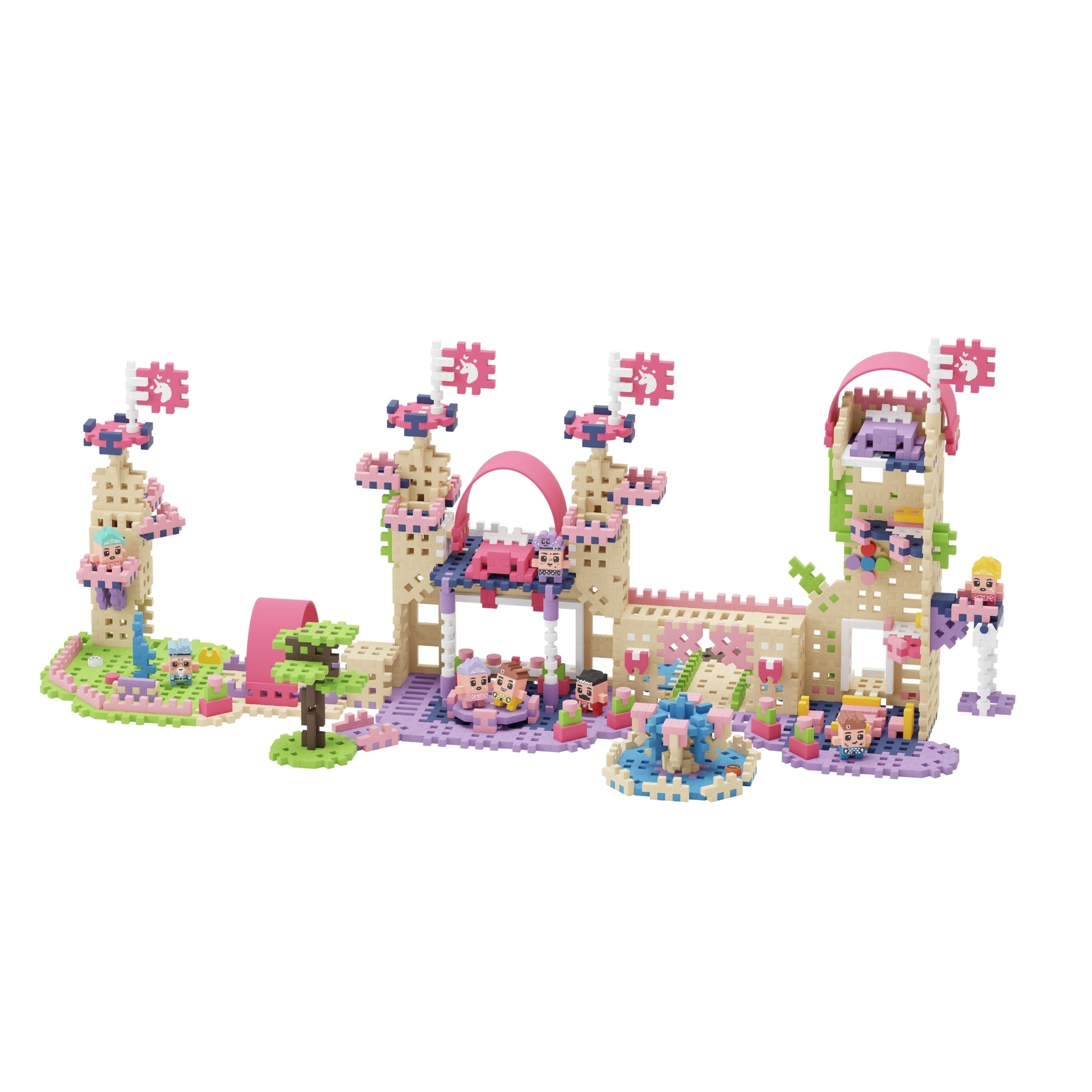 The Marioinex Mini Waffle City set features colorful interlocking blocks to build a whimsical castle with towers, arches, trees, and flags—perfect for creative play and STEM learning in pastel pink, purple, green, cream, and blue.