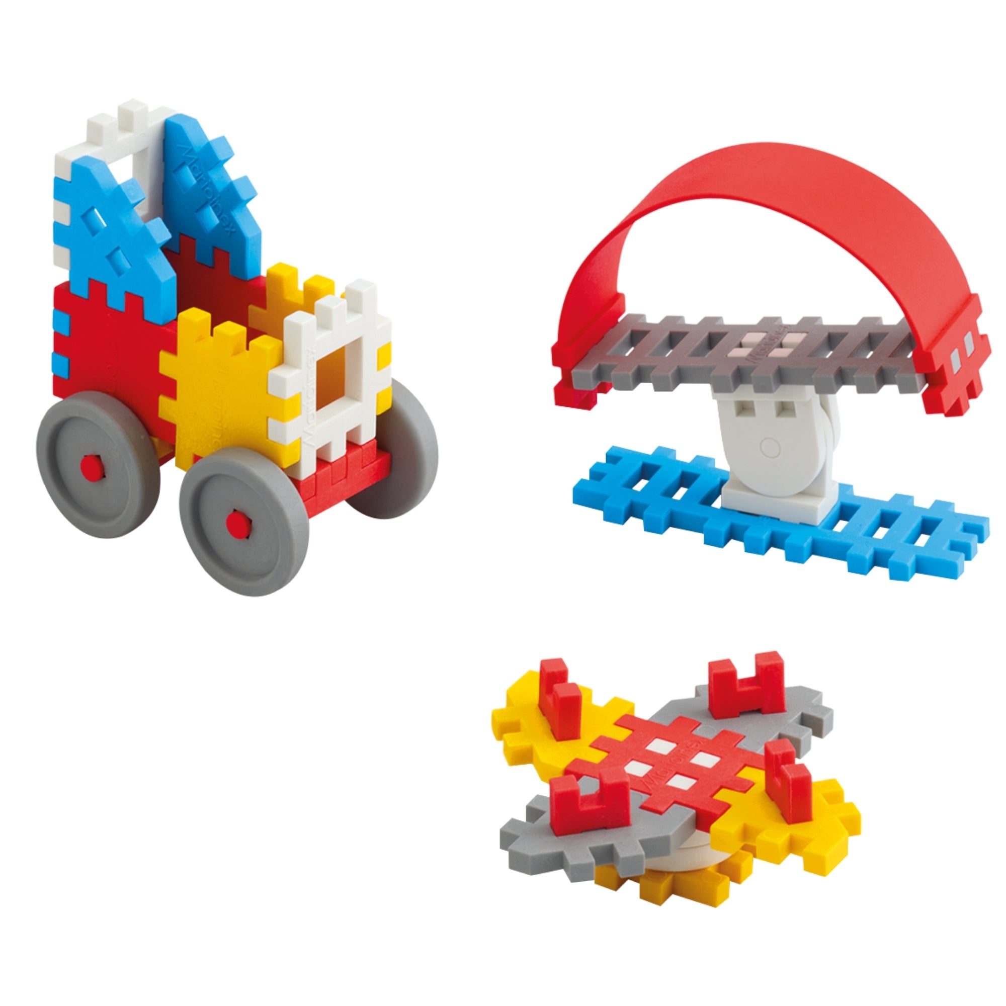 The Marioinex 35 Piece Mini Waffle Blocks set lets kids build a wheeled car, a red and blue airplane, and a yellow, red, and gray flat structure for fun, educational play that develops fine motor skills.